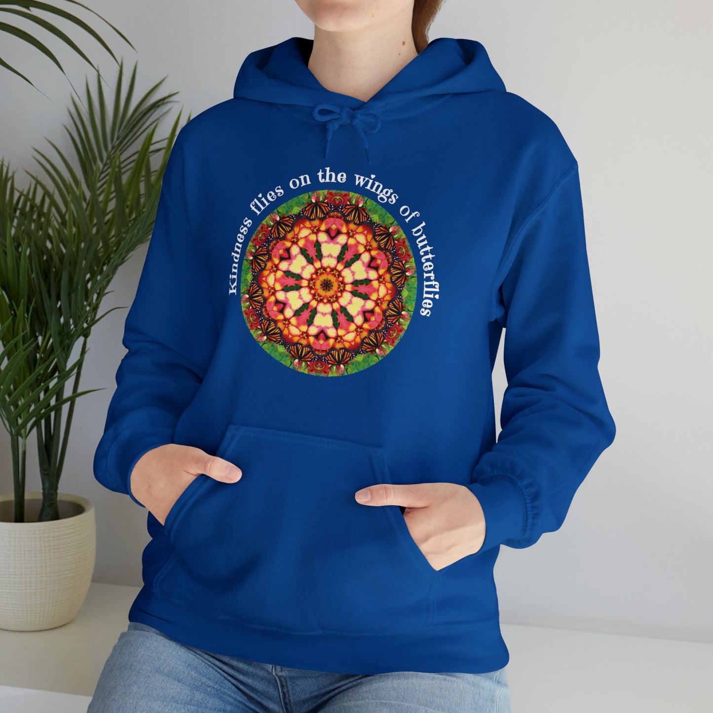 Pretty & Cute Butterfly Kindness Graphic Hoodie Sweatshirt Monarch Butterfly Mandala Art Kindness flies on the wings of butterflies true royal blue