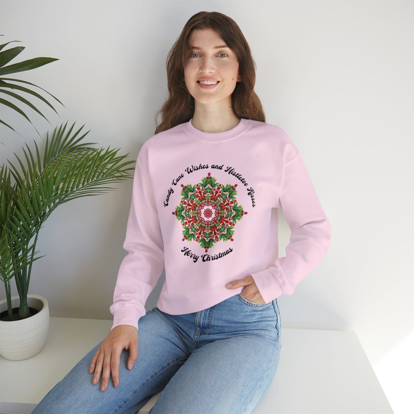 Merry Christmas Love Sweatshirt, Holiday Shirt with Candy Cane Mistletoe - Candy Cane Wishes and Mistletoe Kisses