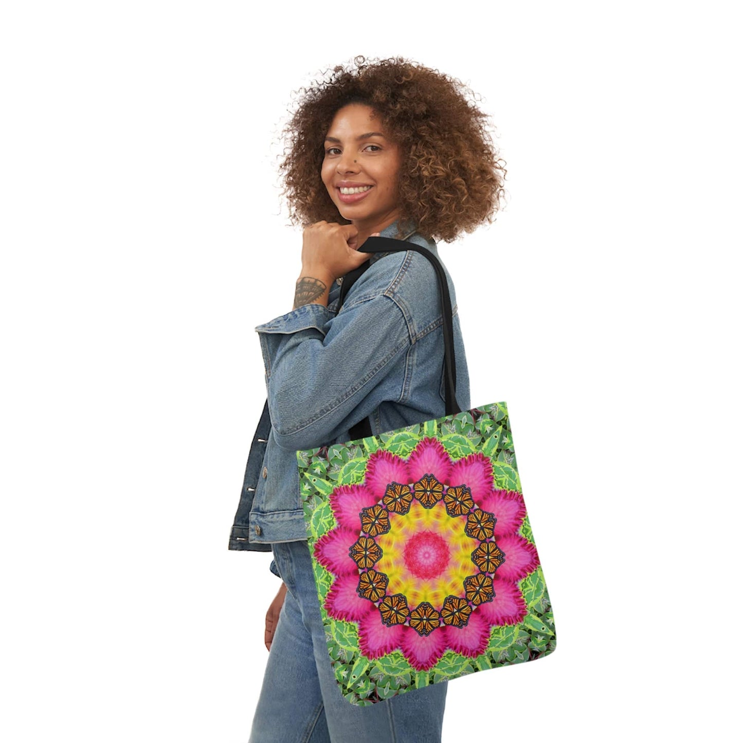 Cute Canvas Tote Bag with Monarch Butterfly and Floral Mandala - Everyday Bag