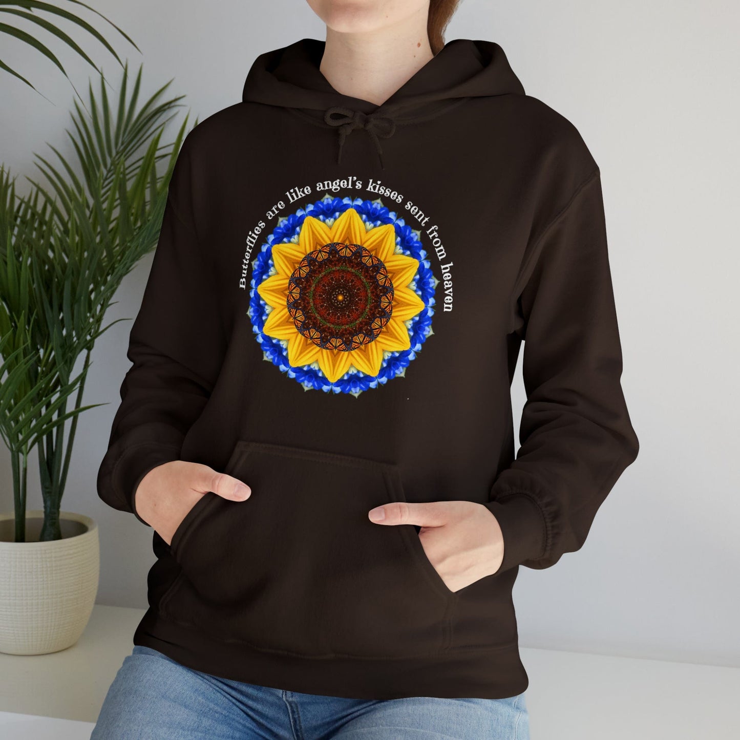 Monarch Butterfly Graphic Love Sweatshirt Hoodie, Mandala, Butterflies Are Like Angel’s Kisses Sent From Heaven dark chocolate Brown