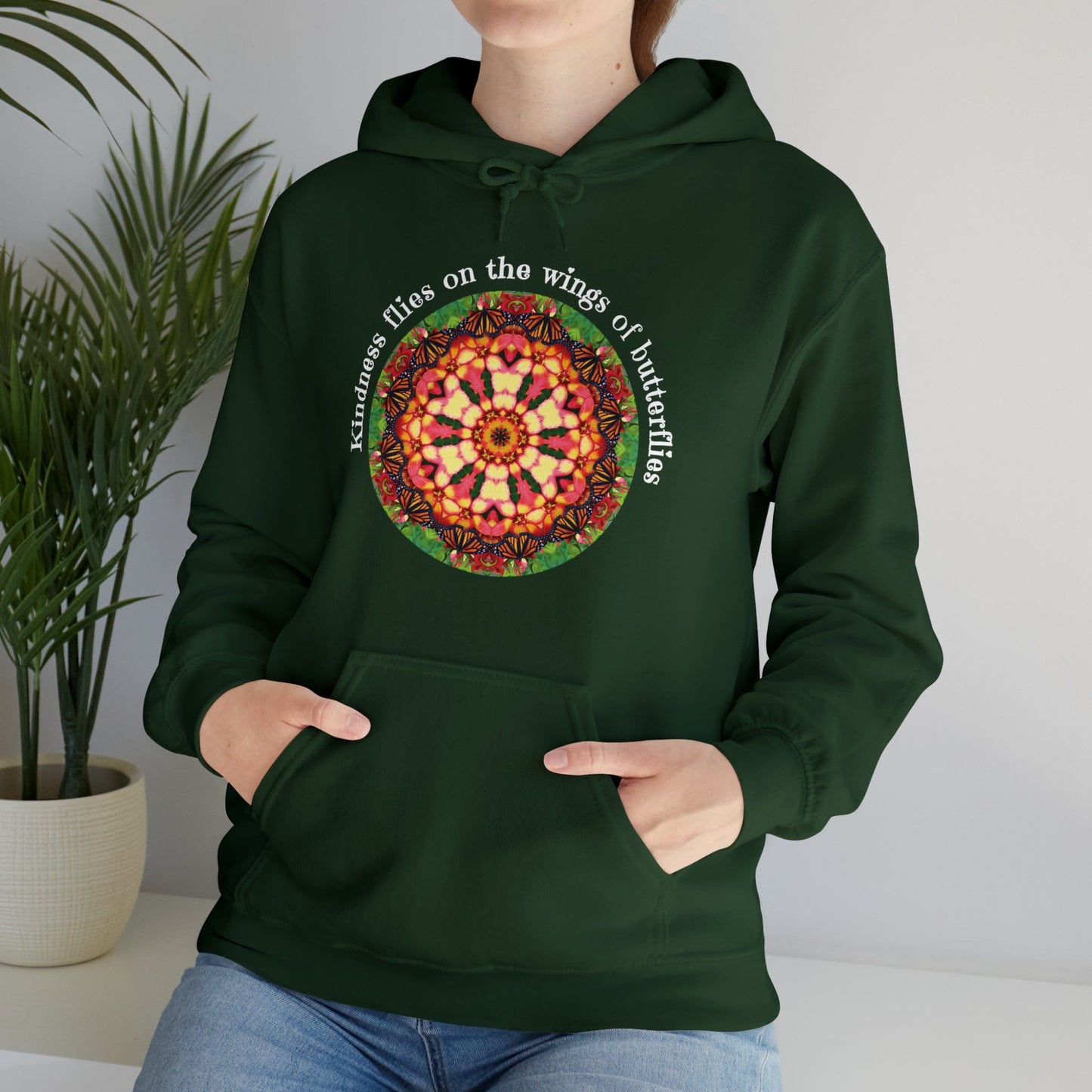 Pretty & Cute Butterfly Kindness Graphic Hoodie Sweatshirt Monarch Butterfly Mandala Art Kindness flies on the wings of butterflies forest green