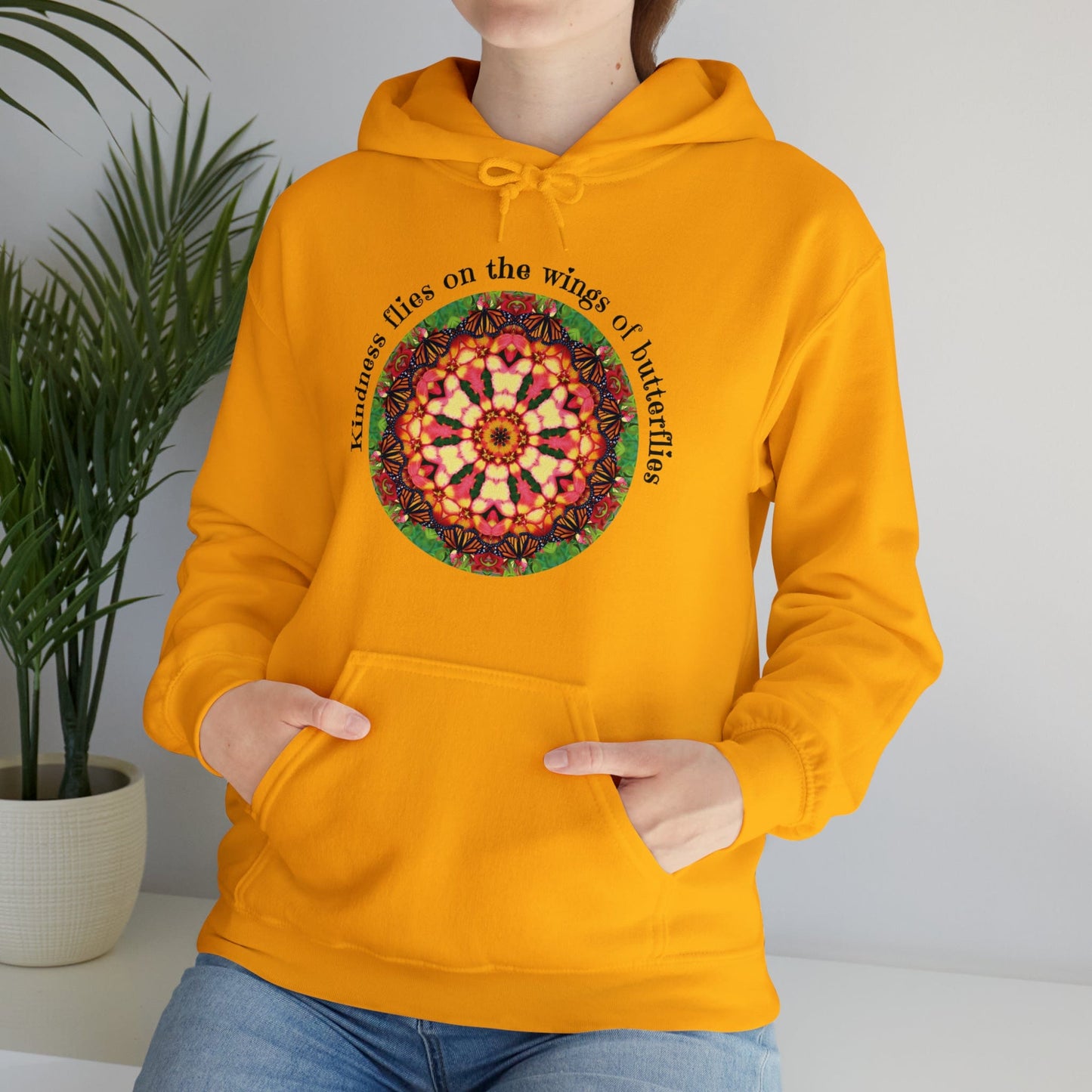 Pretty & Cute Butterfly Kindness Graphic Hoodie Sweatshirt Monarch Butterfly Mandala Art Kindness flies on the wings of butterflies gold