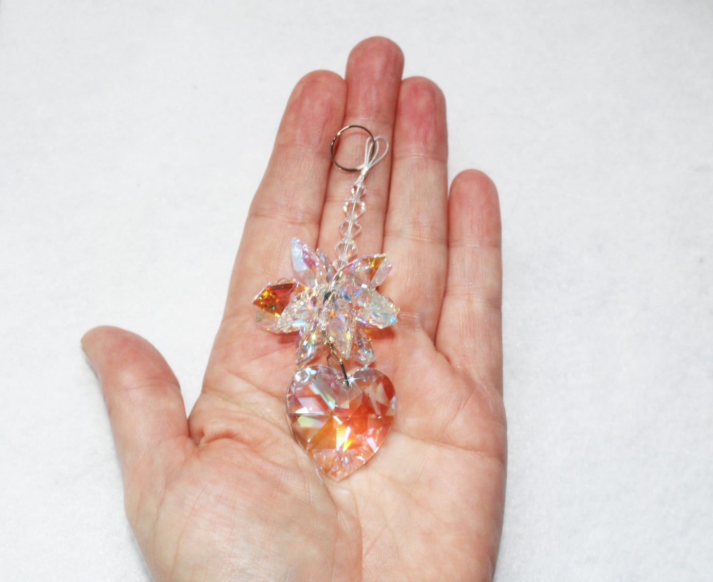 Gorgeous Window Suncatcher Crystal Heart Pendulum A Sunlight Catcher for Crystal Feng Shui Decor, Anniversary Wedding Gift Size Reference