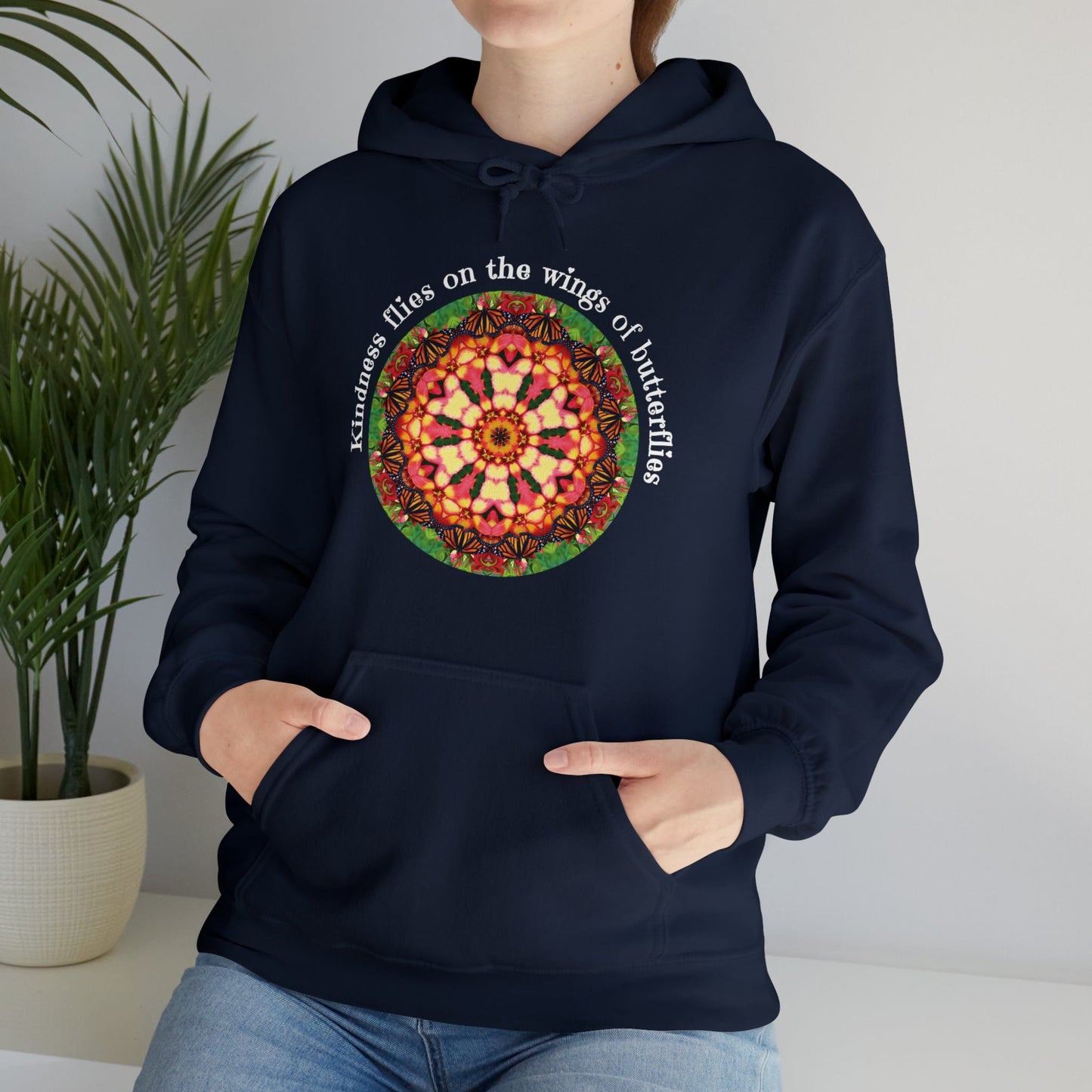 Pretty & Cute Butterfly Kindness Graphic Hoodie Sweatshirt Monarch Butterfly Mandala Art Kindness flies on the wings of butterflies navy blue