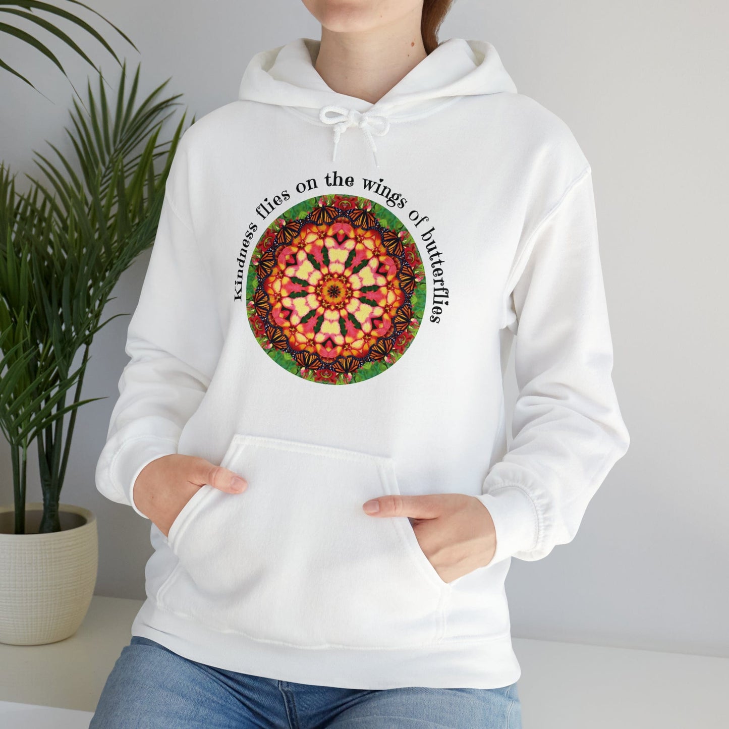 Pretty & Cute Butterfly Kindness Graphic Hoodie Sweatshirt Monarch Butterfly Mandala Art Kindness flies on the wings of butterflies white