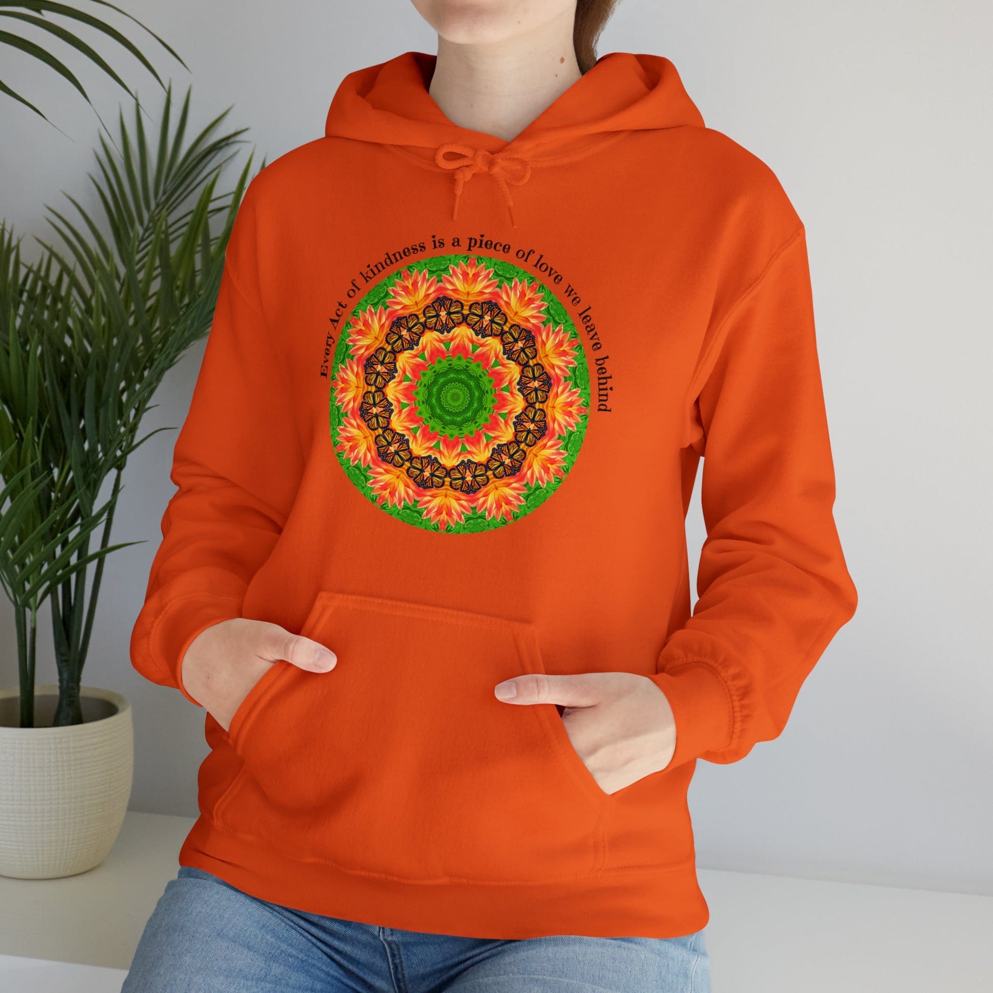 Pretty & Cute Butterfly Kindness Graphic Hoodie Sweatshirt Monarch Butterfly Mandala Art Every act of kindness is a piece of love we left behind Orange