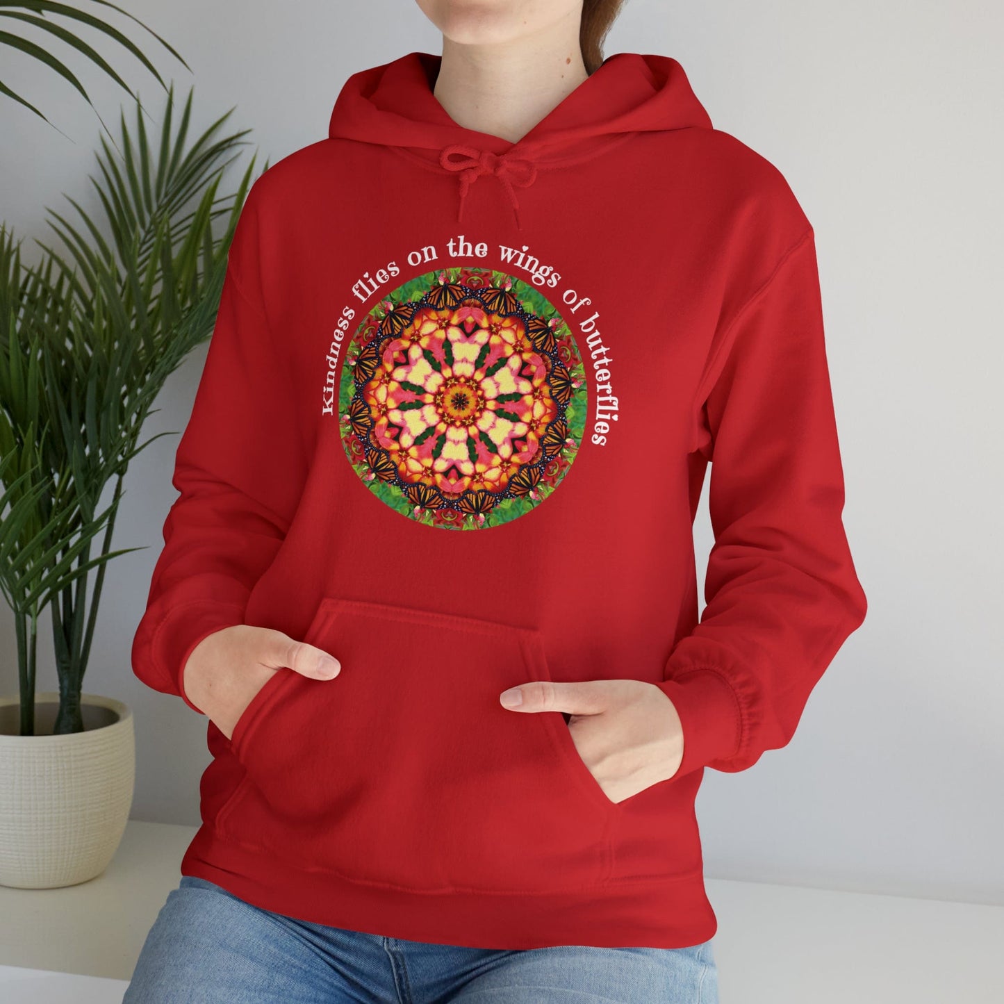 Pretty & Cute Butterfly Kindness Graphic Hoodie Sweatshirt Monarch Butterfly Mandala Art Kindness flies on the wings of butterflies Red