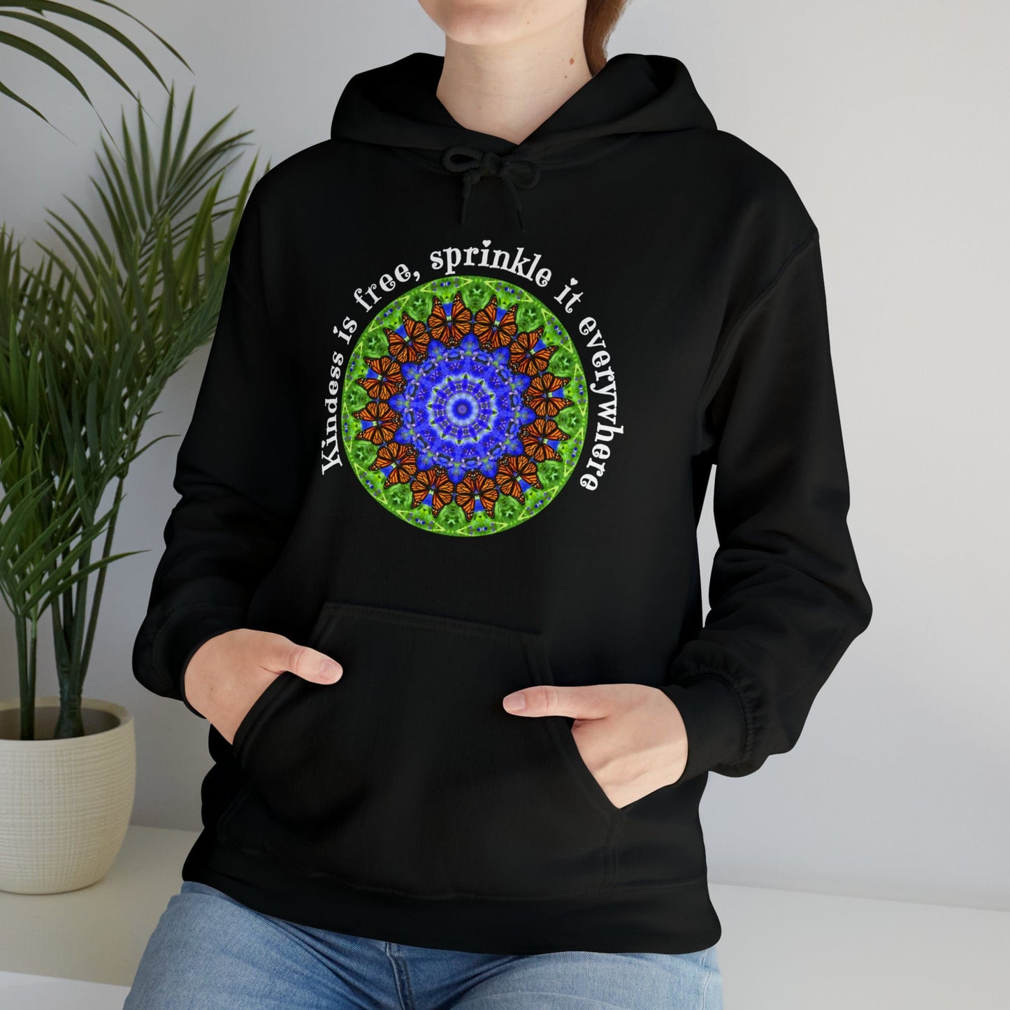 Pretty & Cute Butterfly Kindness Graphic Hoodie Sweatshirt Monarch Butterfly Mandala Art Kindness Is Free Sprinkle It Everywhere black