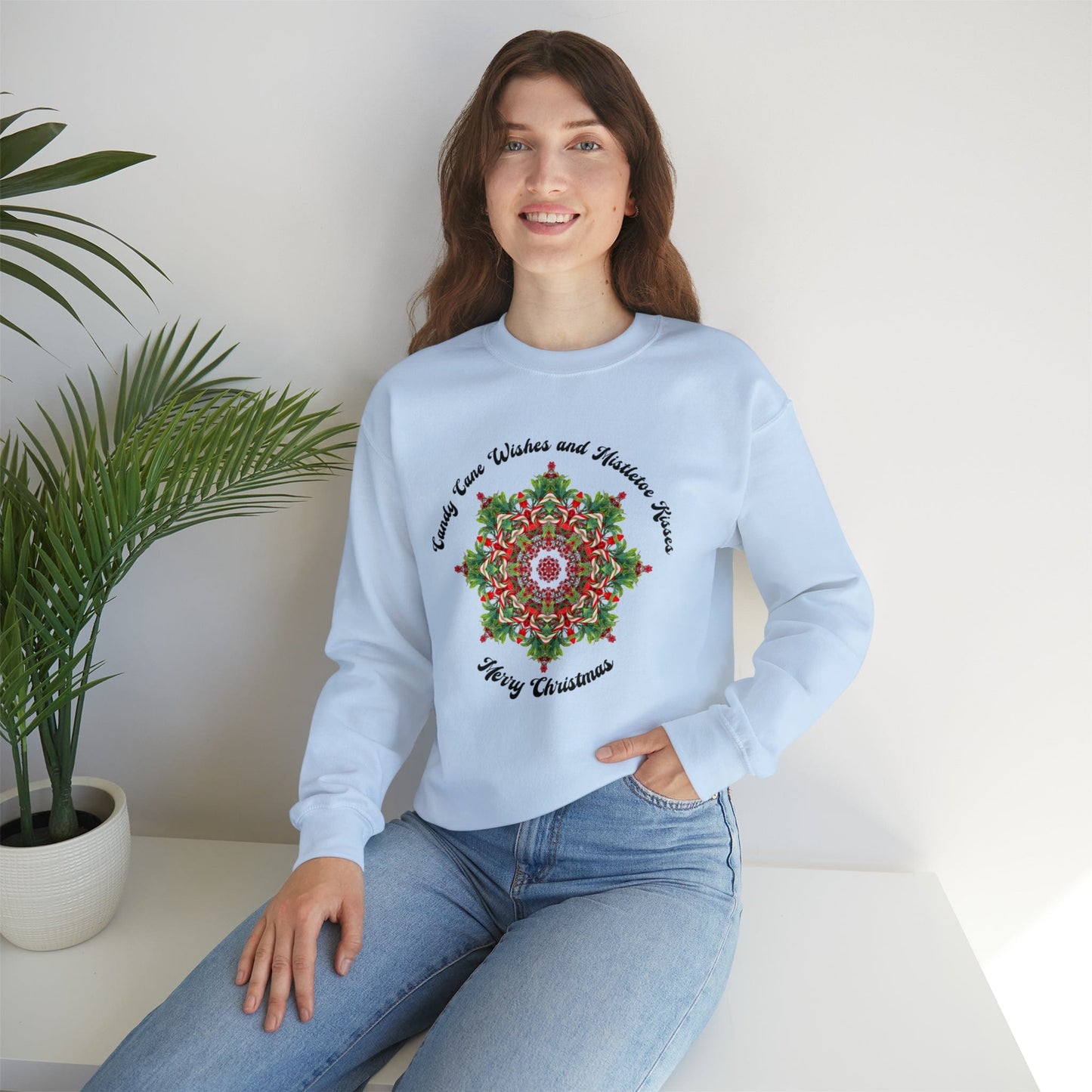 Merry Christmas Love Sweatshirt, Holiday Shirt with Candy Cane Mistletoe - Candy Cane Wishes and Mistletoe Kisses
