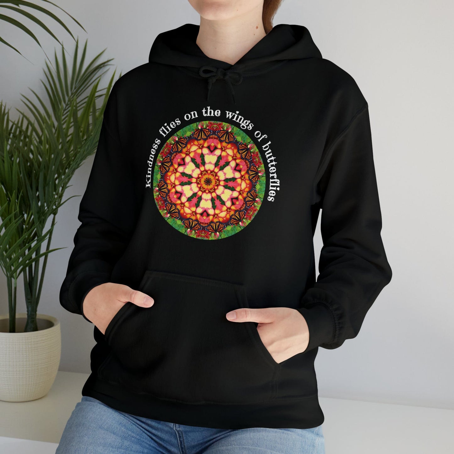 Pretty & Cute Butterfly Kindness Graphic Hoodie Sweatshirt Monarch Butterfly Mandala Art Kindness flies on the wings of butterflies black