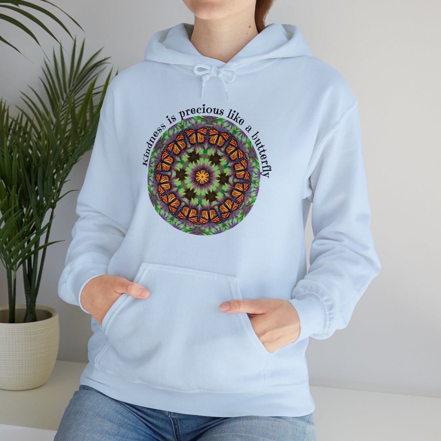 Pretty & Cute Butterfly Kindness Graphic Hoodie Sweatshirt Monarch Butterfly Mandala Art Kindness is precious like a butterfly light blue