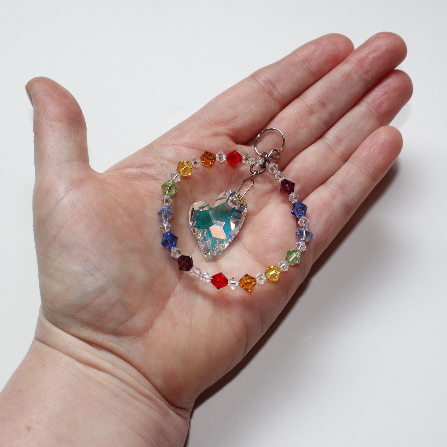 Crystal Heart Pendulum Ornament Suncatcher, Rainbow Maker, Sunlight Catcher, Hanging Crystals, Heart Chakra. size reference