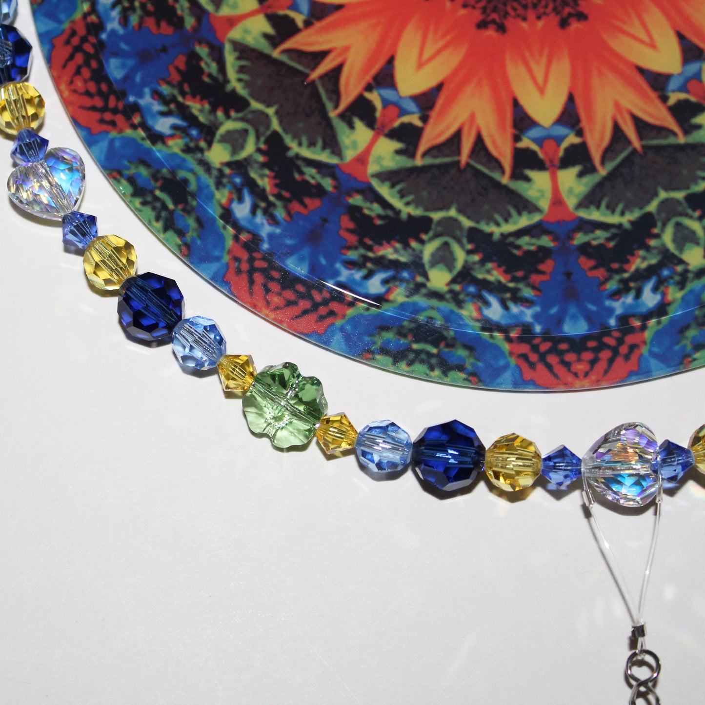 Sunflower Crystal Suncatcher, Sunlight Catcher For Relaxing Zen Decor, Original Flower Mandala Art, My Beauty Within close up of Swarovski crystal beads