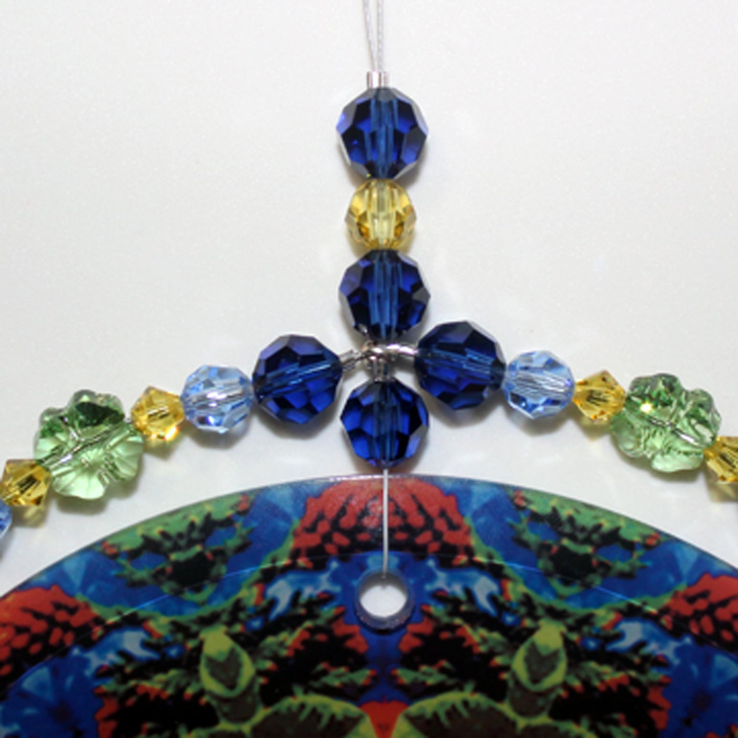 Sunflower Crystal Suncatcher, Sunlight Catcher For Relaxing Zen Decor, Original Flower Mandala Art, My Beauty Within close up of Swarovski crystal beads