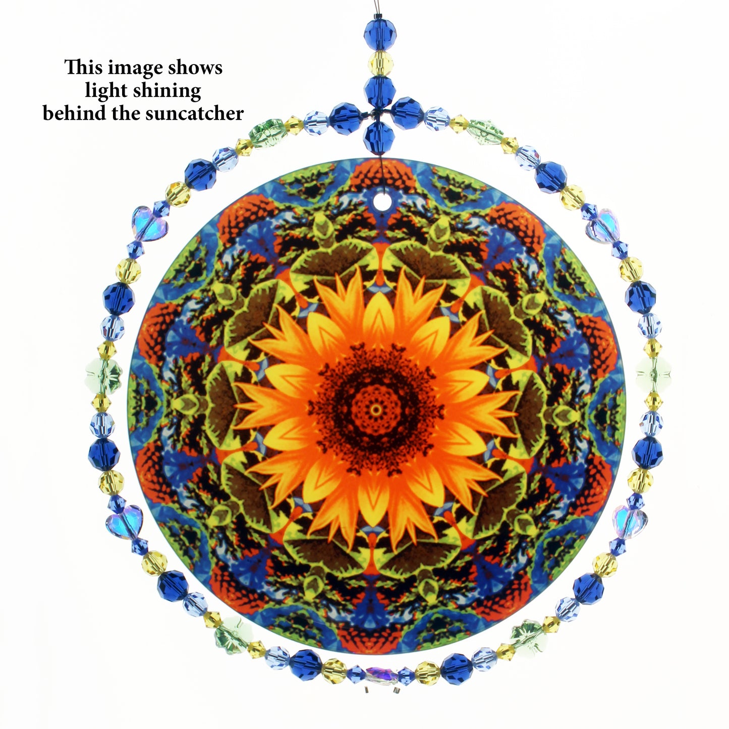 Sunflower Crystal Suncatcher, Sunlight Catcher For Relaxing Zen Decor, Original Flower Mandala Art, My Beauty Within example of light shining through it