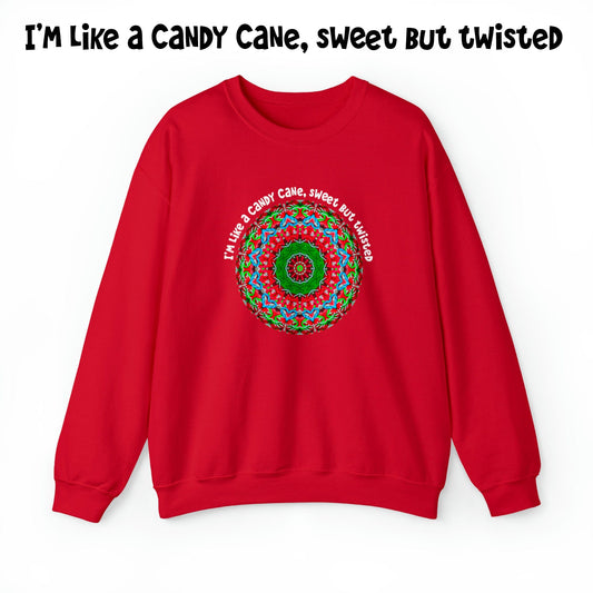 Cute & Funny Christmas Sweatshirt, Sarcastic Candy Cane Mandala Art Shirt, Im like a candy cane sweet but twisted RED