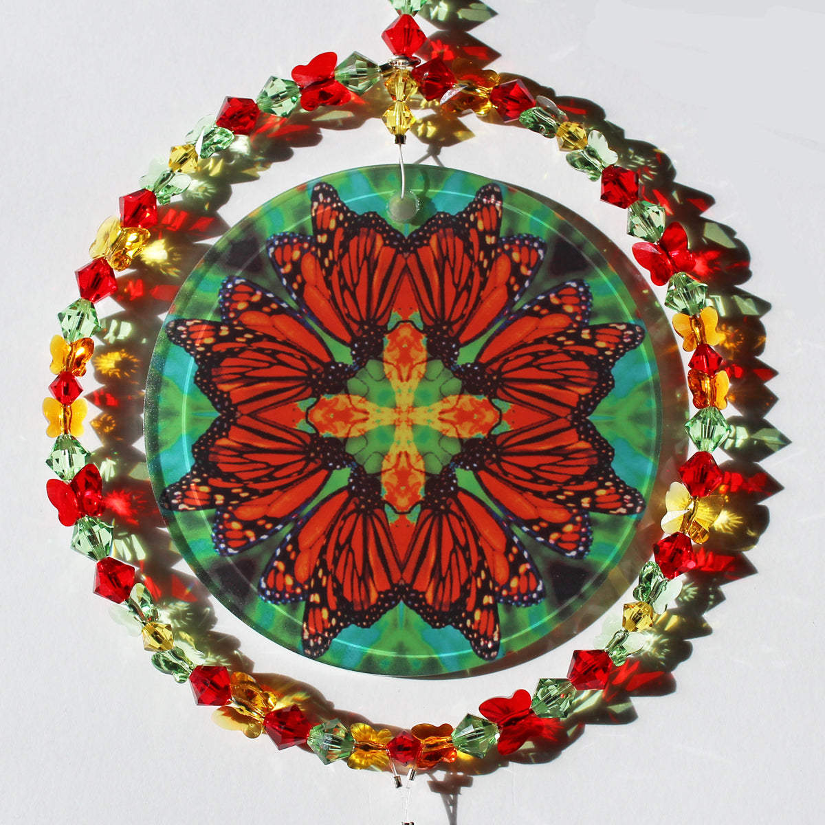 Monarch Butterfly Sunlight Catcher, Window Suncatcher, Meditation Tool, Mindfulness Butterfly Gifts, Timeless Treasure close up of mandala