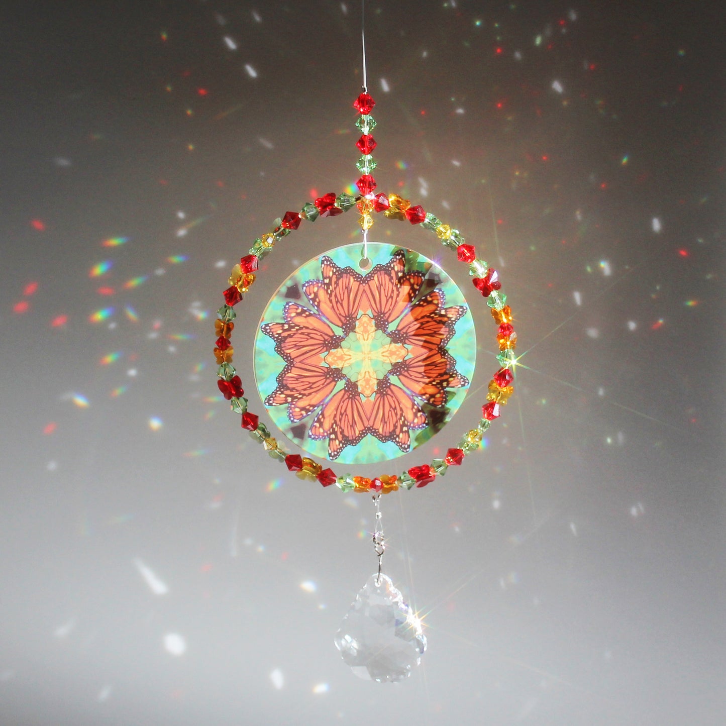 Monarch Butterfly Sunlight Catcher, Window Suncatcher, Meditation Tool, Mindfulness Butterfly Gifts, Timeless Treasure sample of sunlight shining through suncatcher
