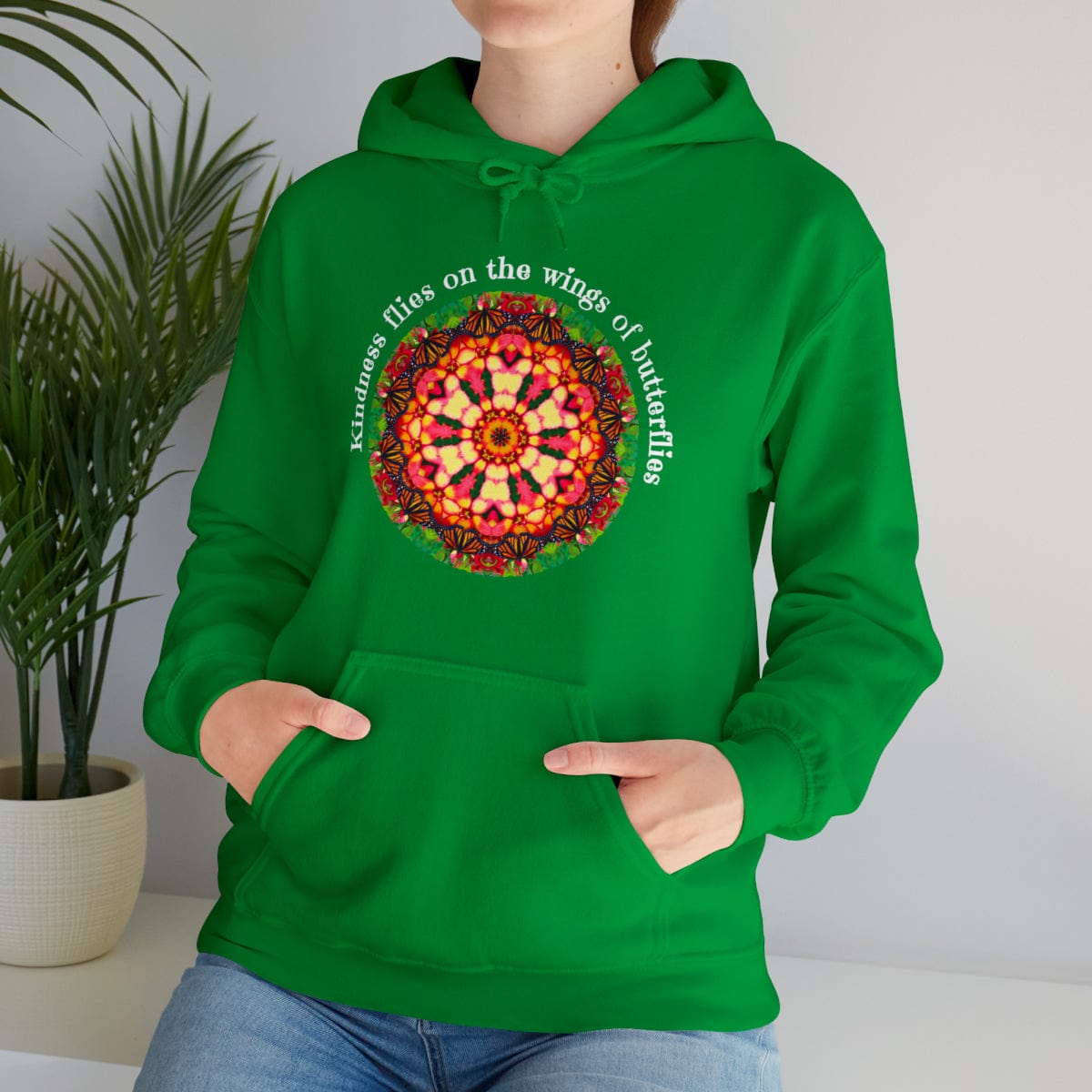 Pretty & Cute Butterfly Kindness Graphic Hoodie Sweatshirt Monarch Butterfly Mandala Art Kindness flies on the wings of butterflies irish green