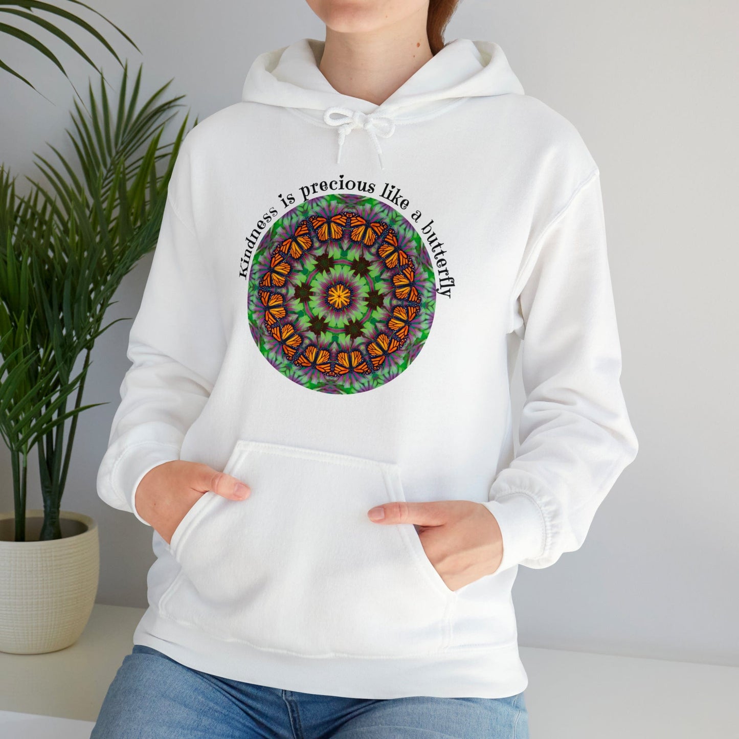 Pretty & Cute Butterfly Kindness Graphic Hoodie Sweatshirt Monarch Butterfly Mandala Art Kindness is precious like a butterfly white