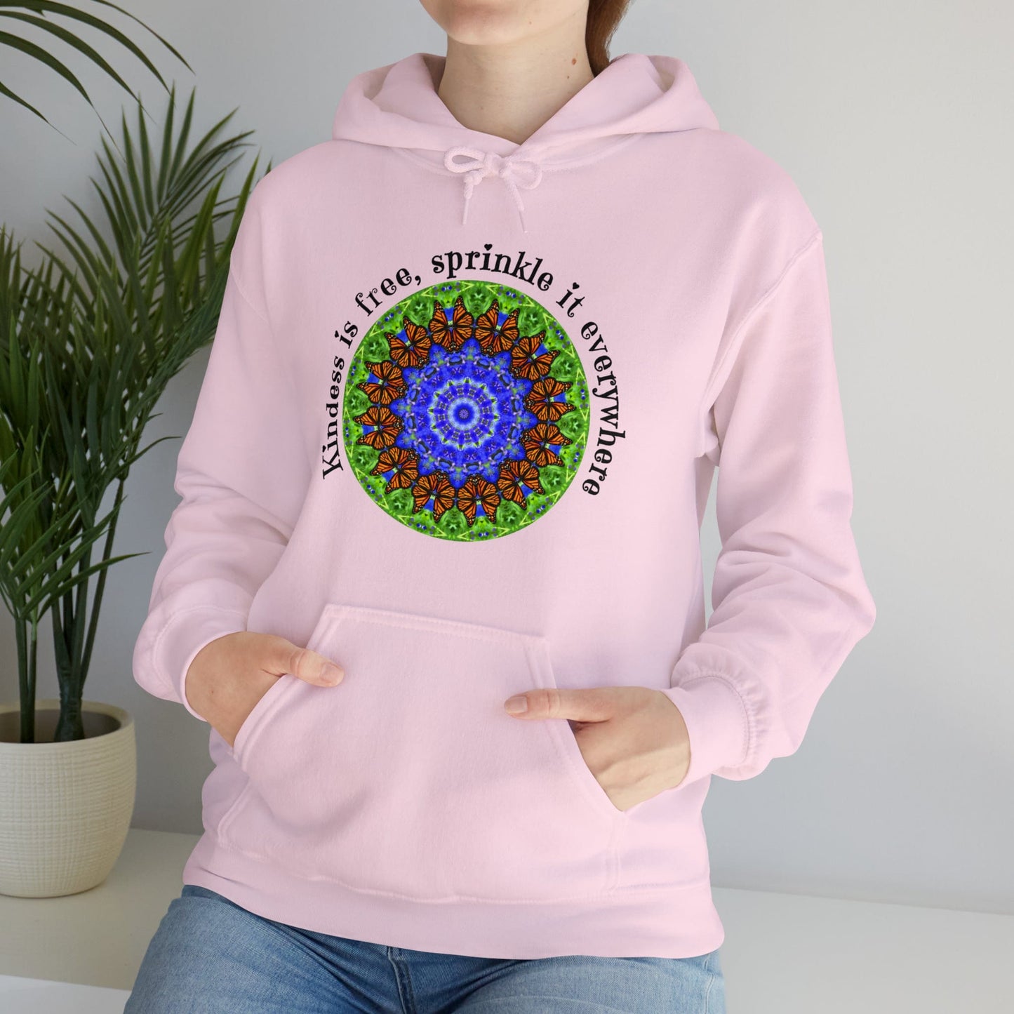 Pretty & Cute Butterfly Kindness Graphic Hoodie Sweatshirt Monarch Butterfly Mandala Art Kindness Is Free Sprinkle It Everywhere light pink