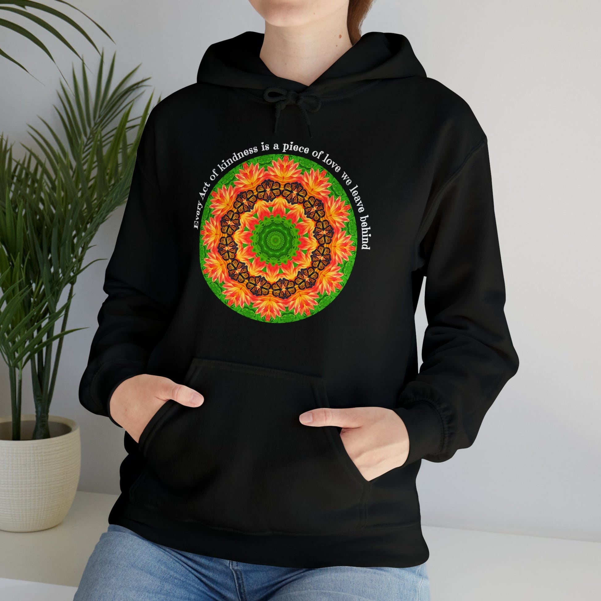 Pretty & Cute Butterfly Kindness Graphic Hoodie Sweatshirt Monarch Butterfly Mandala Art Every act of kindness is a piece of love we left behind black