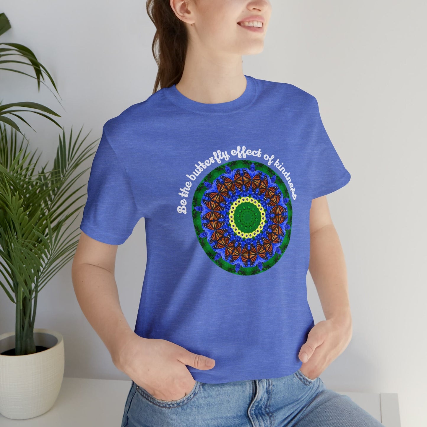 Cute Graphic Kindness Shirts  - Beautiful Monarch Butterfly Mandala Art For Positive Vibes – Butterfly Effect Heather Columbia Blue