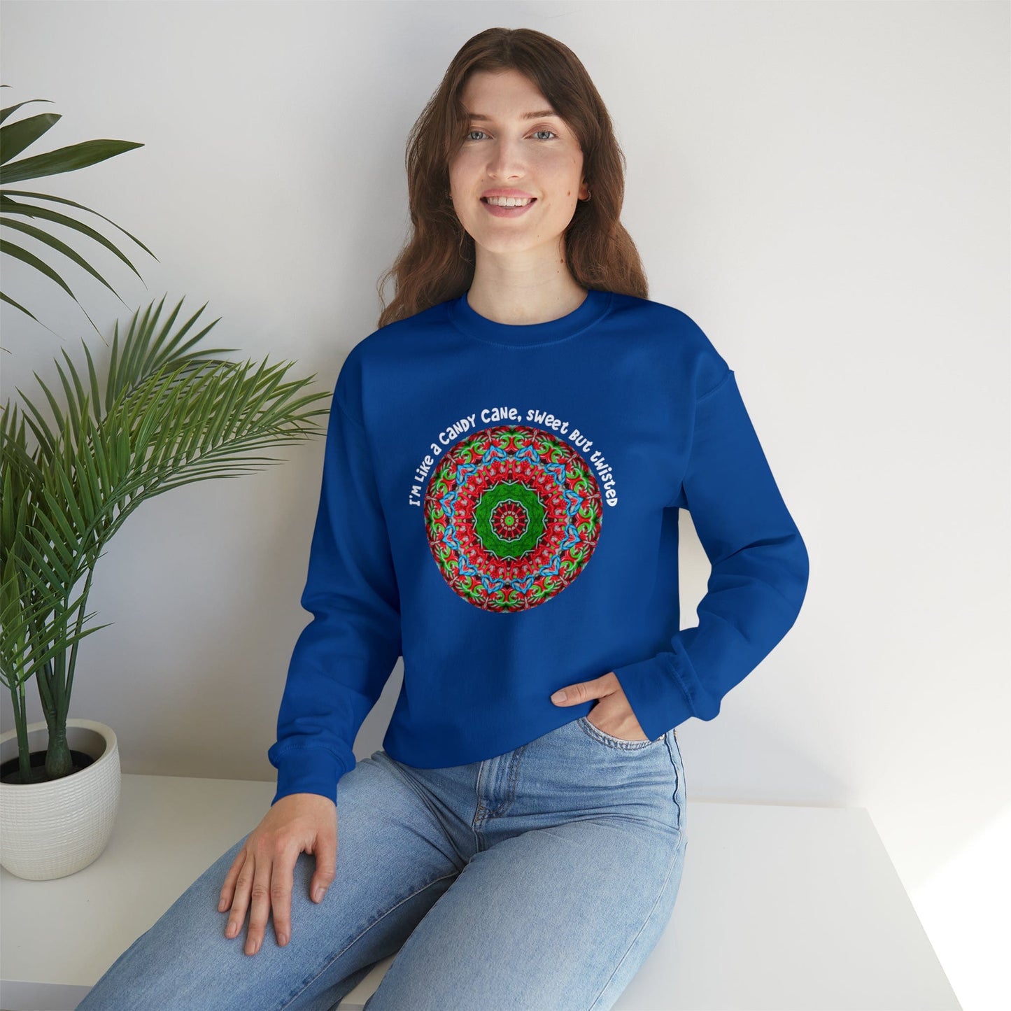 Cute & Funny Christmas Sweatshirt, Sarcastic Candy Cane Mandala Art Shirt, Im like a candy cane sweet but twisted ROYAL BLUE