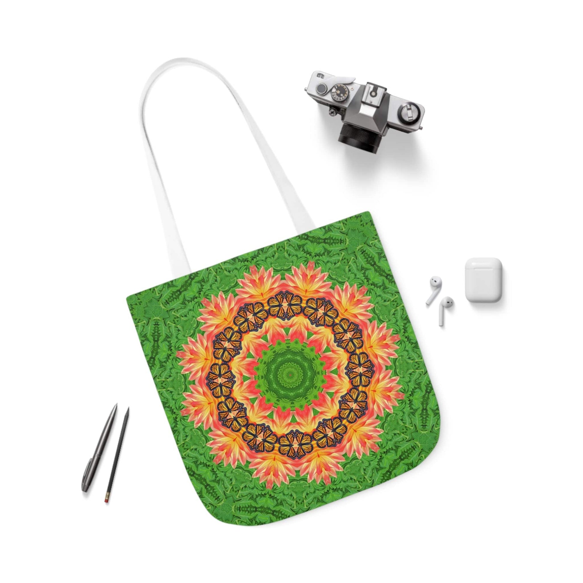 Monarch Butterfly Floral Mandala Tote Bag - Cute and Practical Everyday Accessory white handle