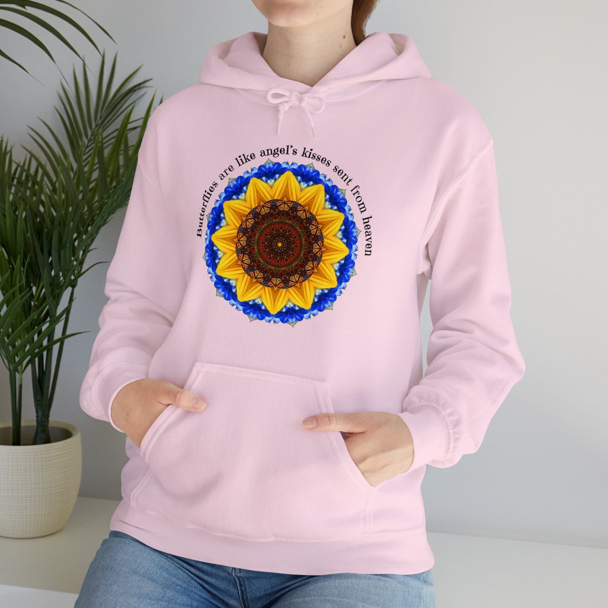 Monarch Butterfly Graphic Love Sweatshirt Hoodie, Mandala, Butterflies Are Like Angel’s Kisses Sent From Heaven light pink