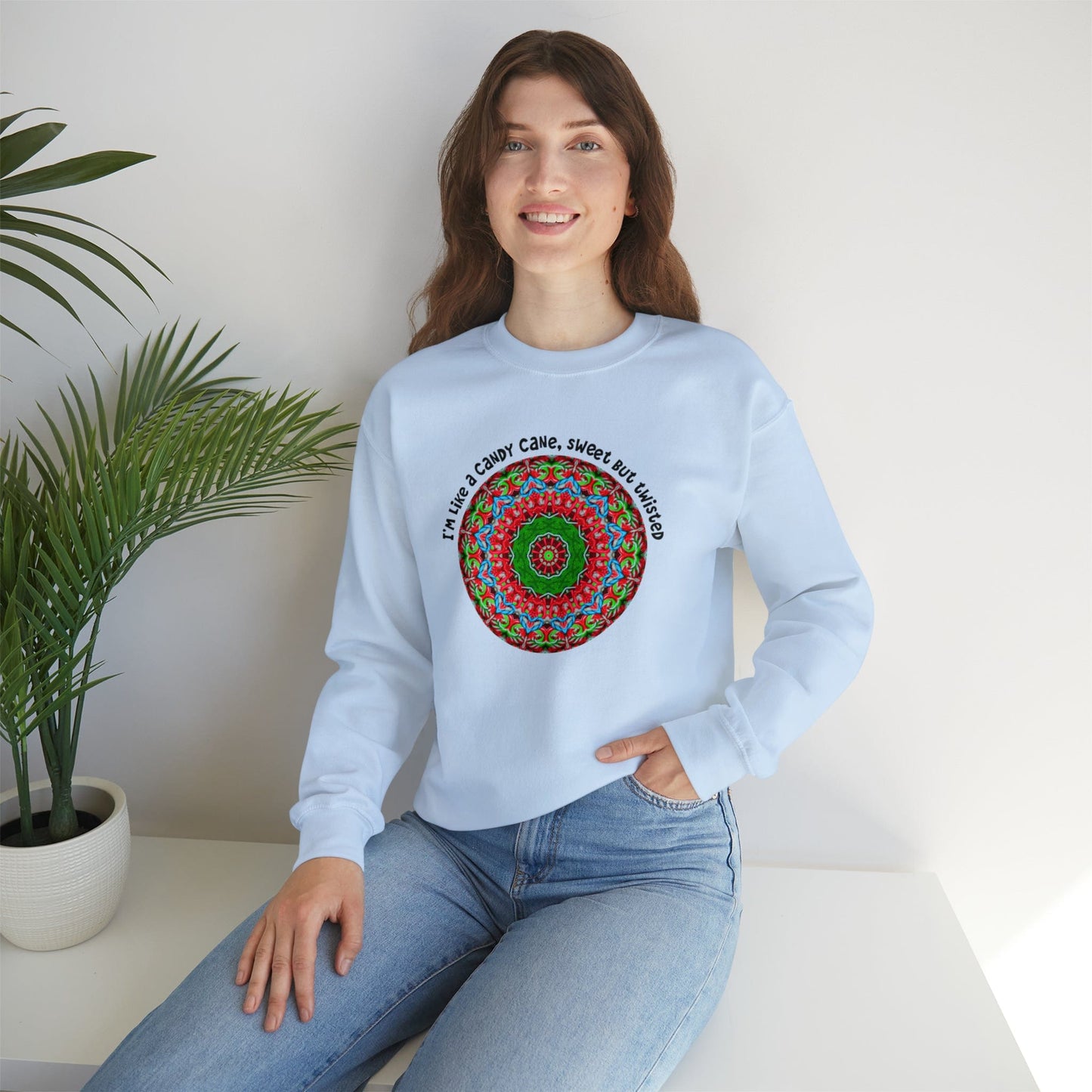 Cute & Funny Christmas Sweatshirt, Sarcastic Candy Cane Mandala Art Shirt, Im like a candy cane sweet but twisted LIGHT BLUE