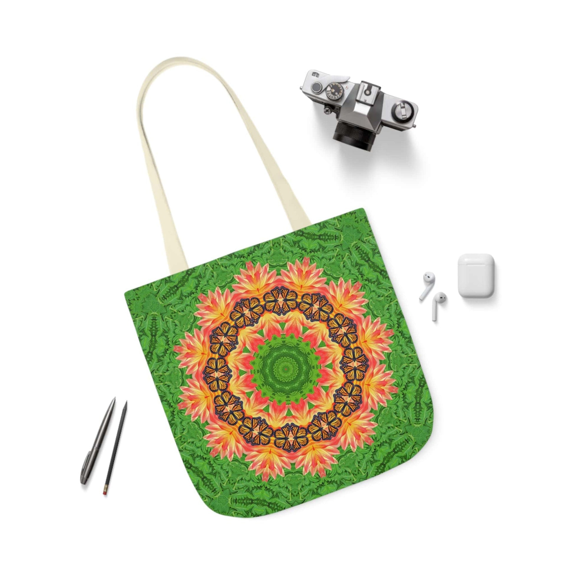 Monarch Butterfly Floral Mandala Tote Bag - Cute and Practical Everyday Accessory beige handle