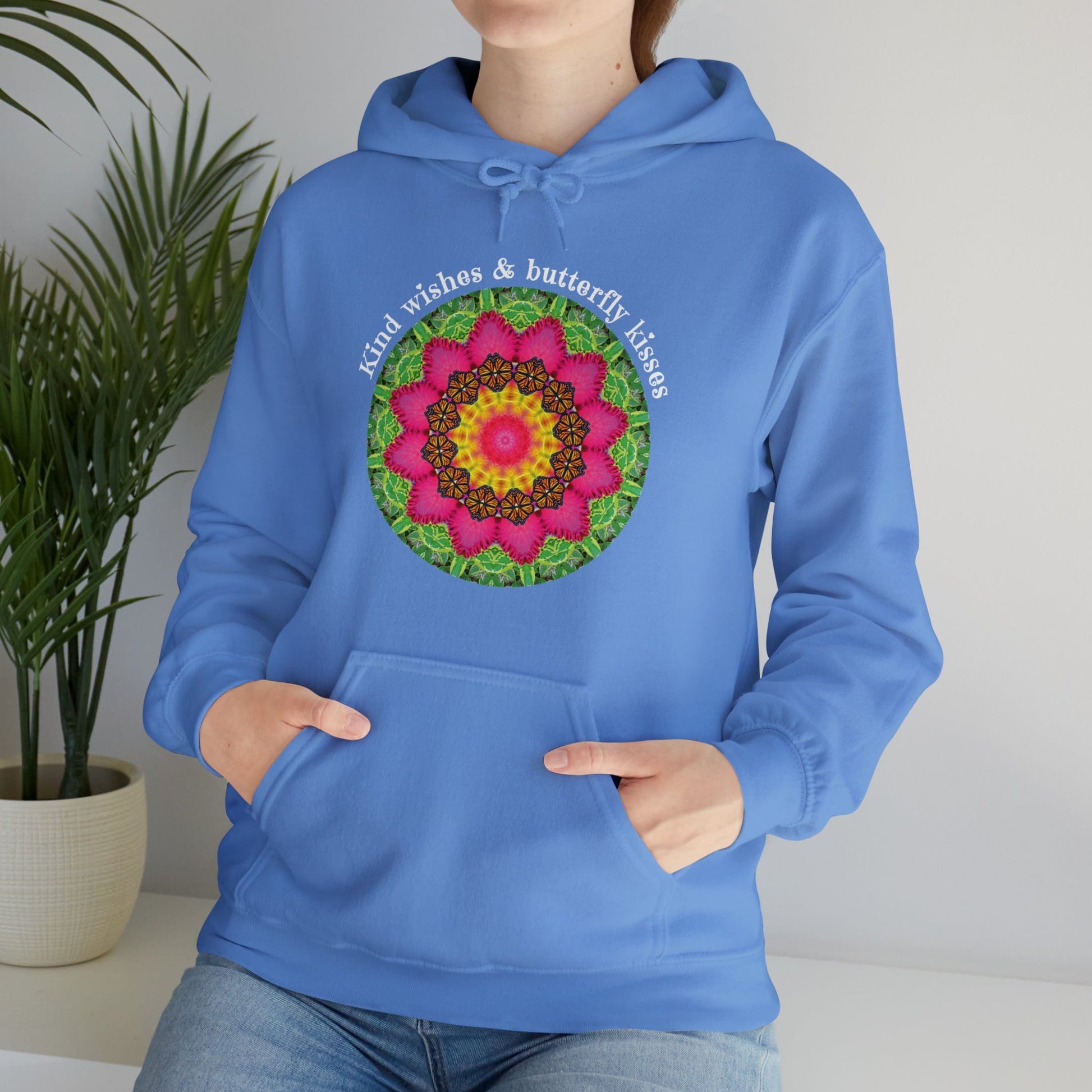 Pretty & Cute Butterfly Kindness Graphic Hoodie Sweatshirt Monarch Butterfly Mandala Art Kind wishes & butterfly kisses carolina blue