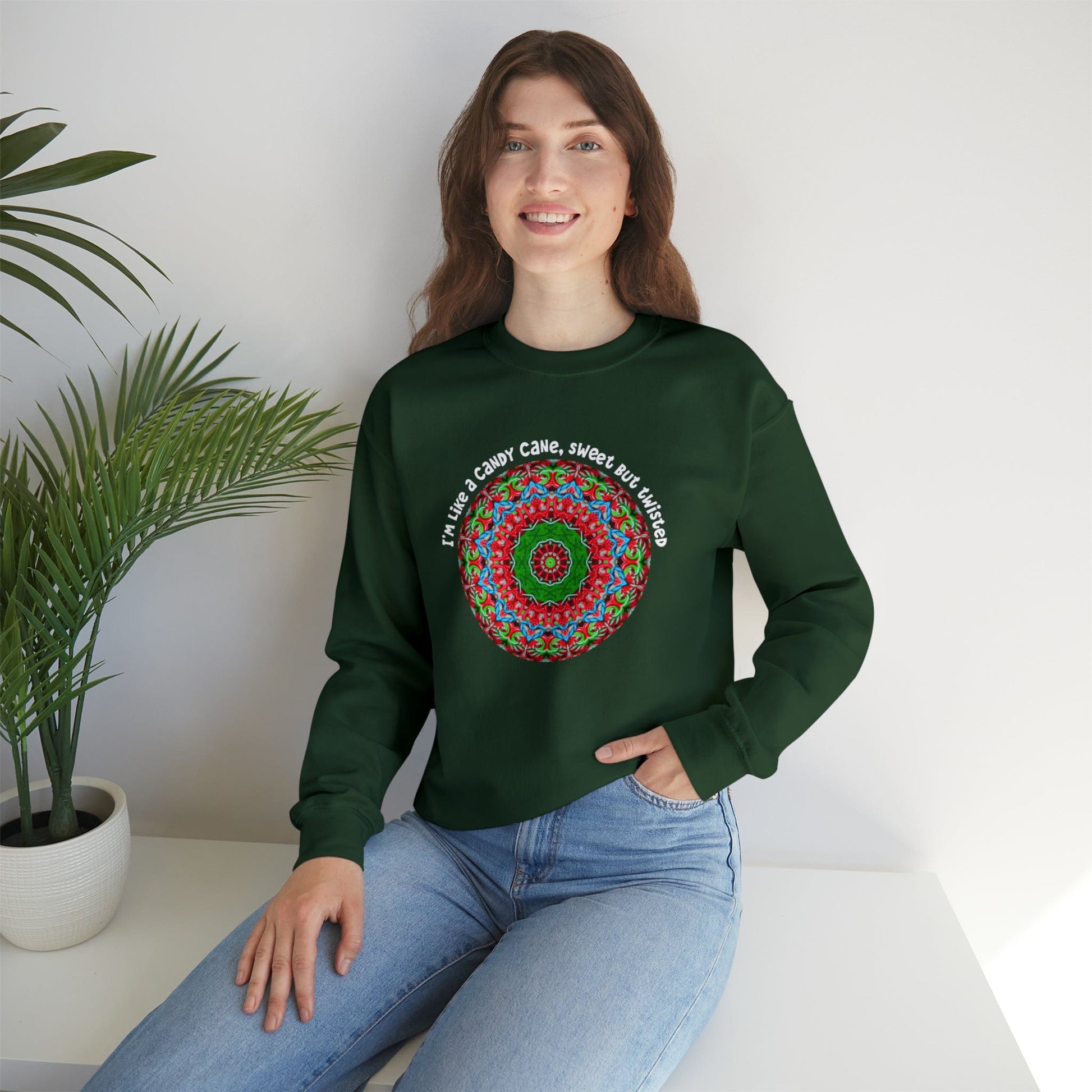 Cute & Funny Christmas Sweatshirt, Sarcastic Candy Cane Mandala Art Shirt, Im like a candy cane sweet but twisted FOREST GREEN