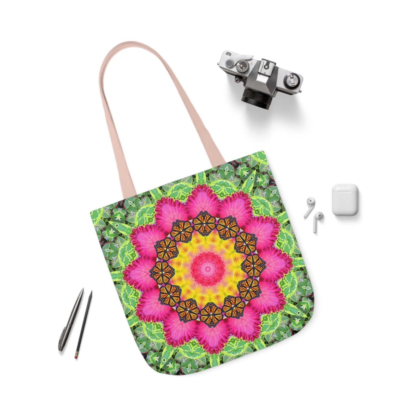 Cute Canvas Tote Bag with Monarch Butterfly and Floral Mandala - Everyday Bag