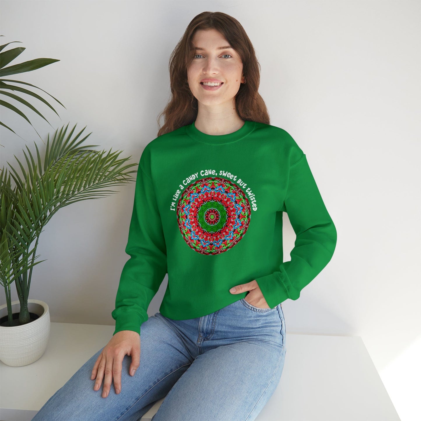 Cute & Funny Christmas Sweatshirt, Sarcastic Candy Cane Mandala Art Shirt, Im like a candy cane sweet but twisted IRISH GREEN