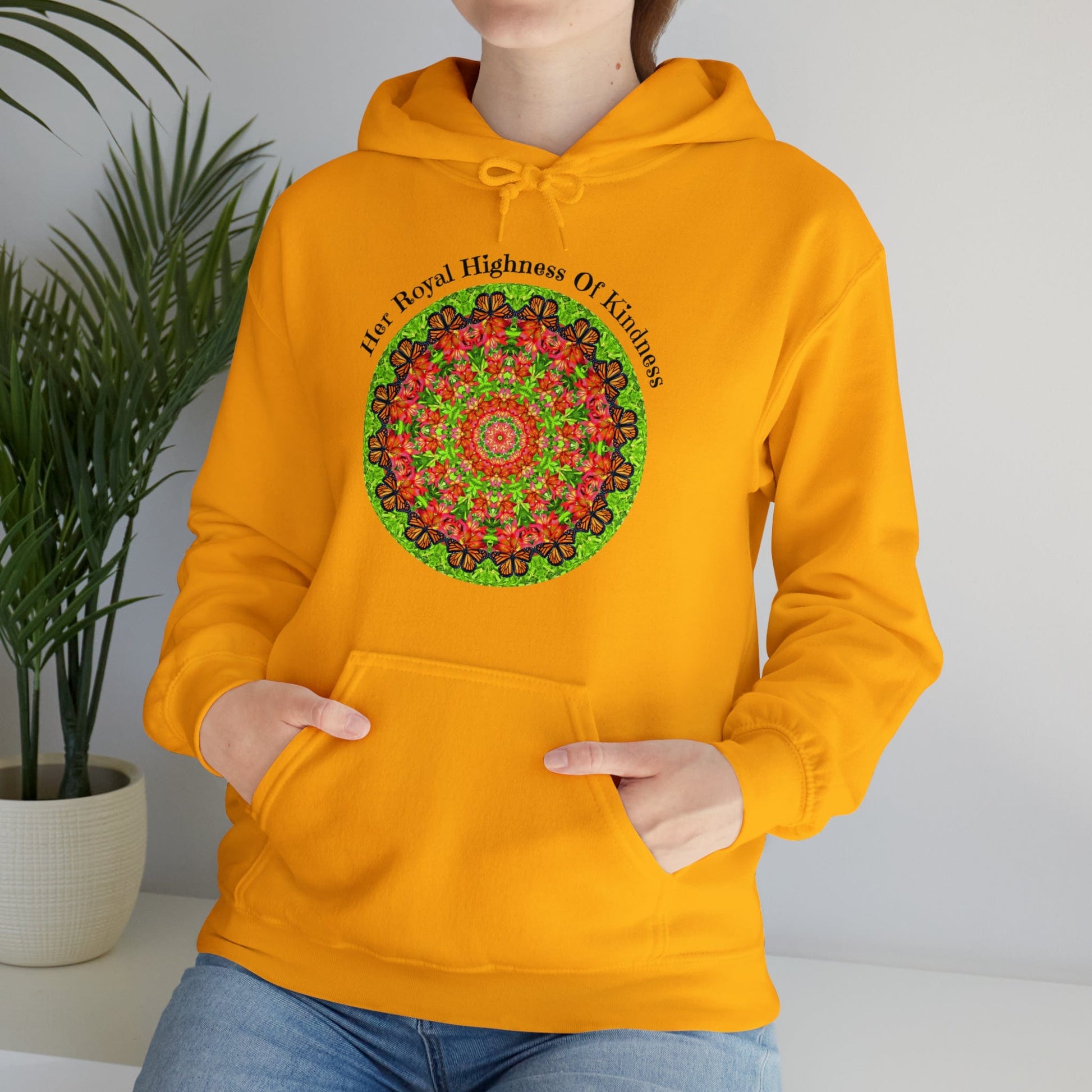 Pretty & Cute Butterfly Kindness Graphic Hoodie Sweatshirt Monarch Butterfly Mandala Art Her Royal Highness Of Kindness gold