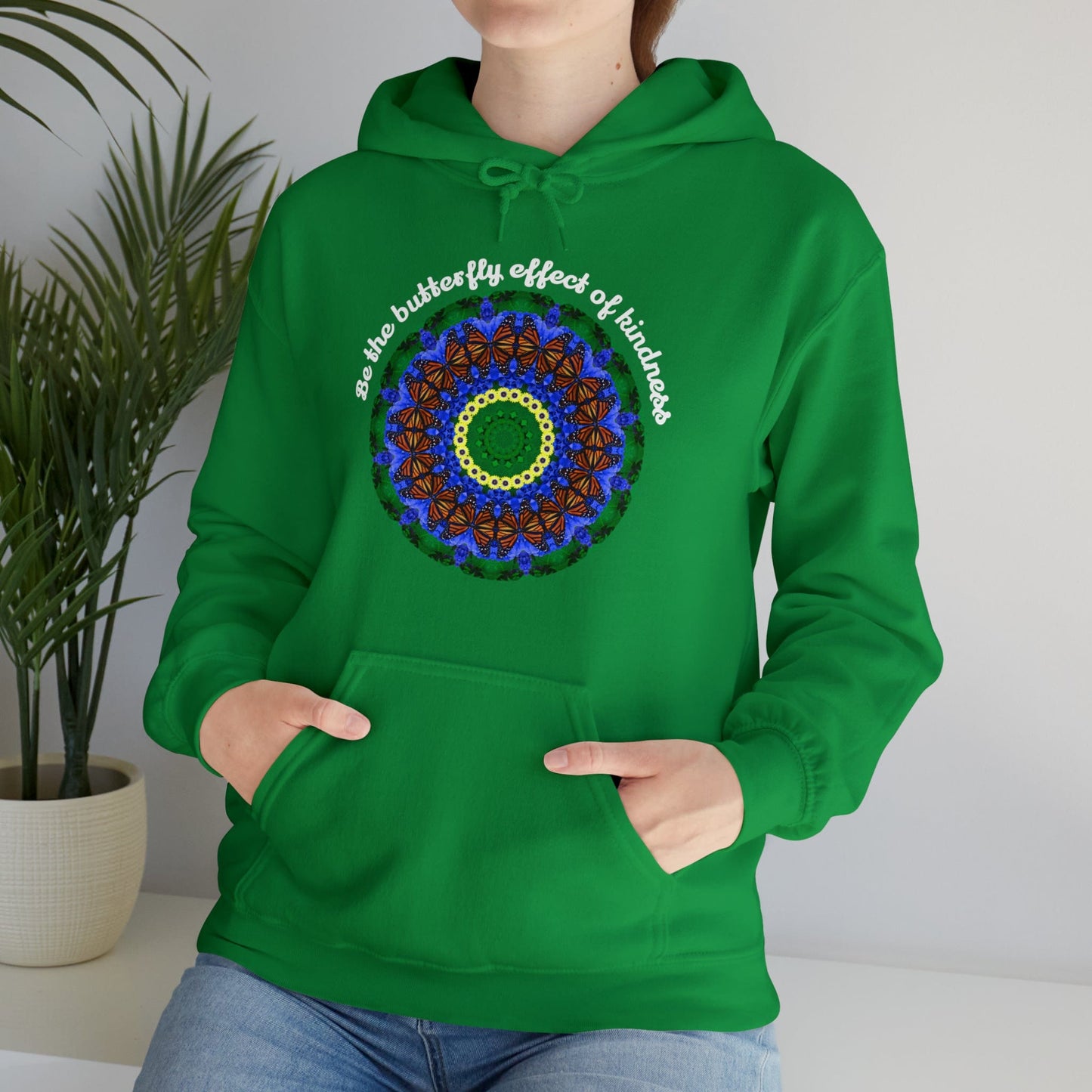 Pretty & Cute Butterfly Kindness Graphic Hoodie Sweatshirt - Monarch Butterfly Mandala Art - Be the butterfly effect of kindness Irish Green