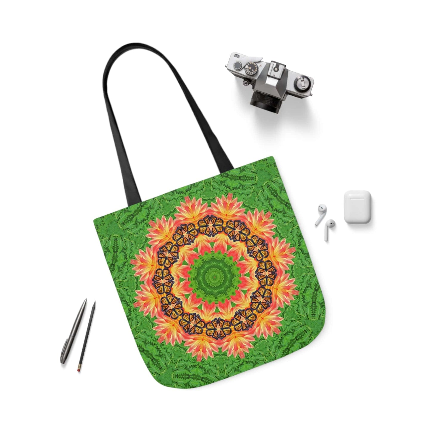 Monarch Butterfly Floral Mandala Tote Bag - Cute and Practical Everyday Accessory black handle