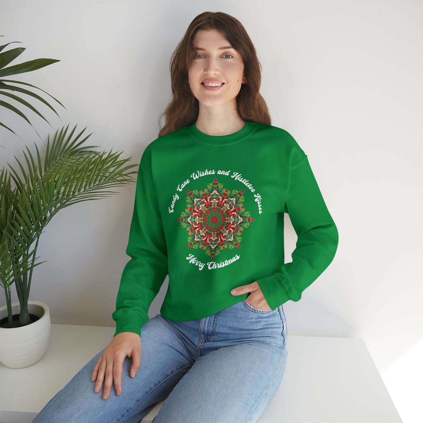Merry Christmas Love Sweatshirt, Holiday Shirt with Candy Cane Mistletoe - Candy Cane Wishes and Mistletoe Kisses