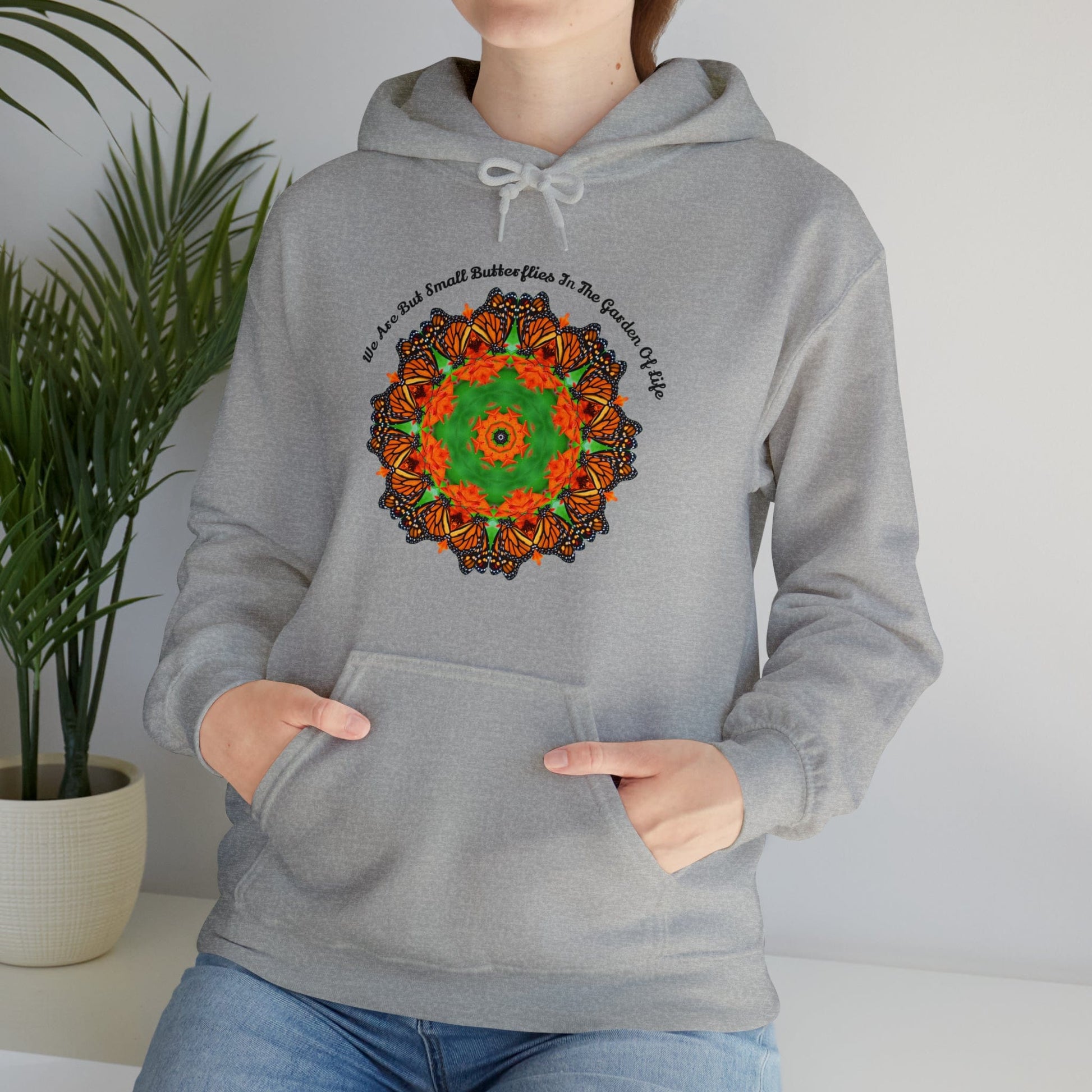 Pretty & Cute Butterfly Motivational Graphic Hoodie Sweatshirt Monarch Butterfly Mandala Art We Are But Small Butterflies In The Garden Of Life Sports Grey