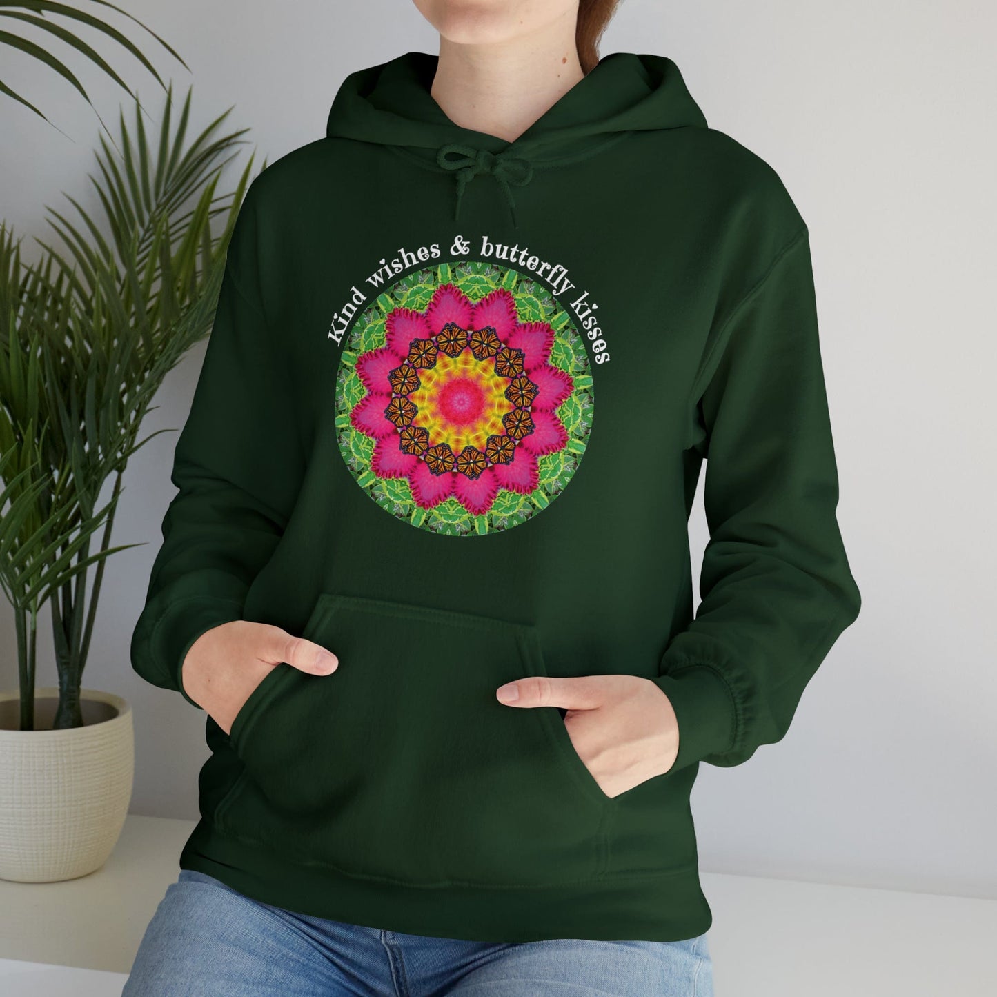 Pretty & Cute Butterfly Kindness Graphic Hoodie Sweatshirt Monarch Butterfly Mandala Art Kind wishes & butterfly kisses forest green