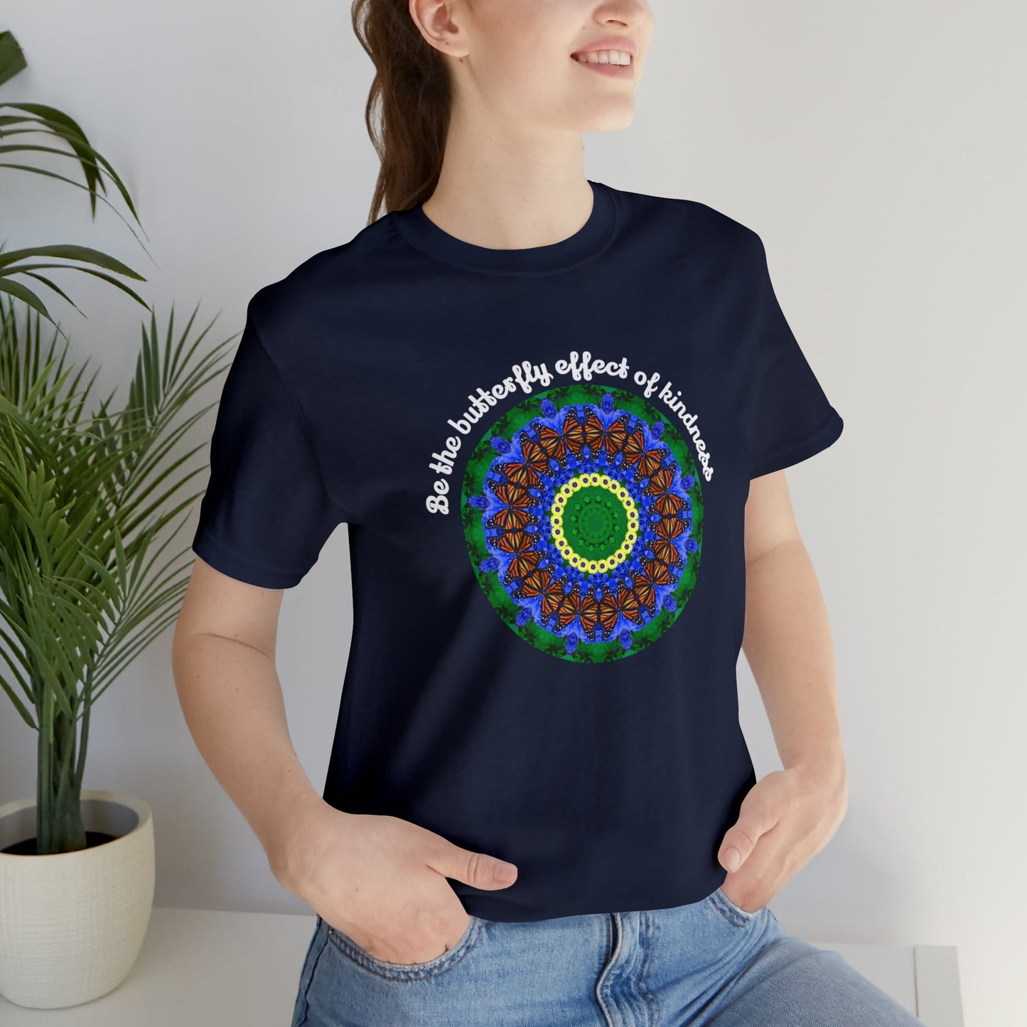 Cute Graphic Kindness Shirts  - Beautiful Monarch Butterfly Mandala Art For Positive Vibes – Butterfly Effect Navy Blue