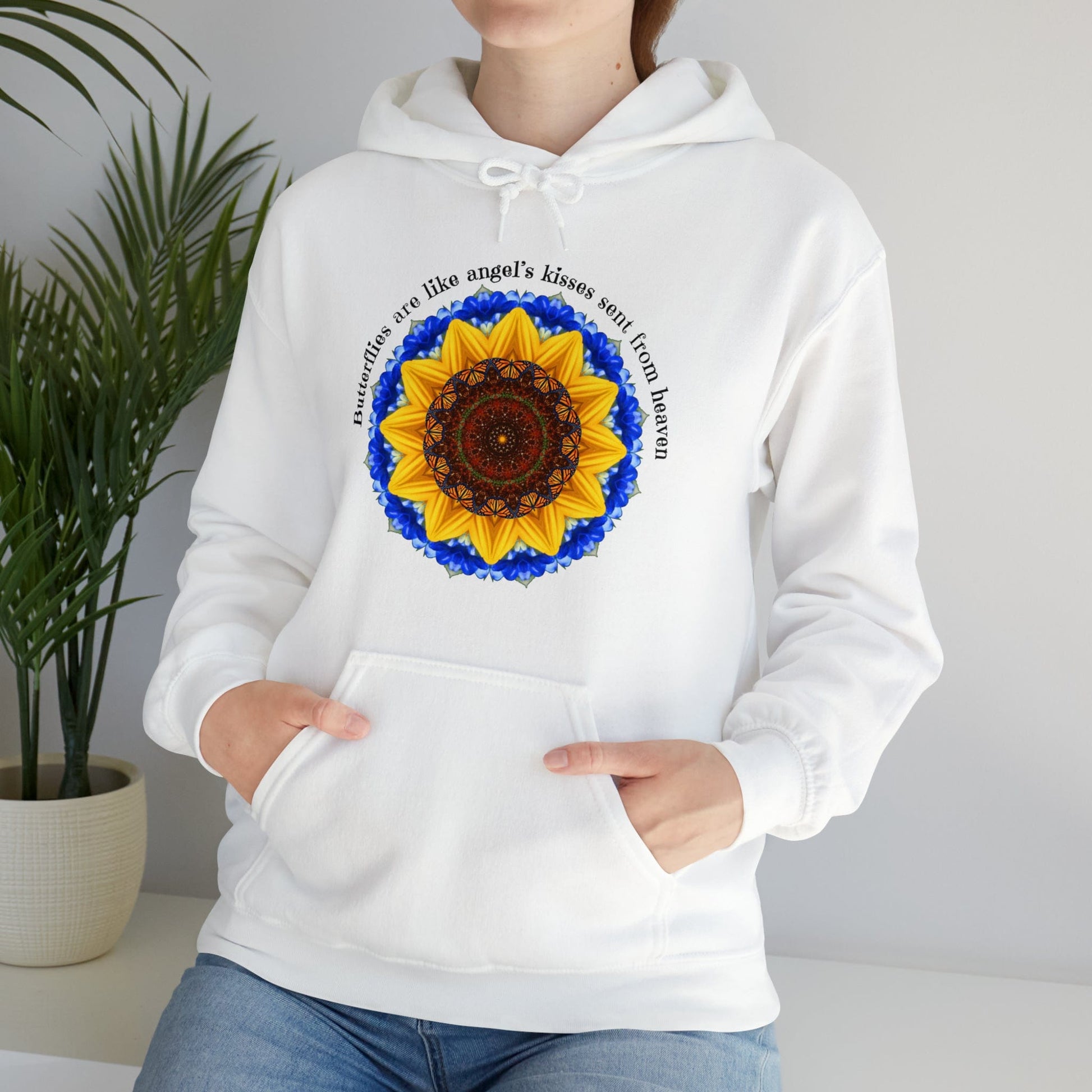 Monarch Butterfly Graphic Love Sweatshirt Hoodie, Mandala, Butterflies Are Like Angel’s Kisses Sent From Heaven white