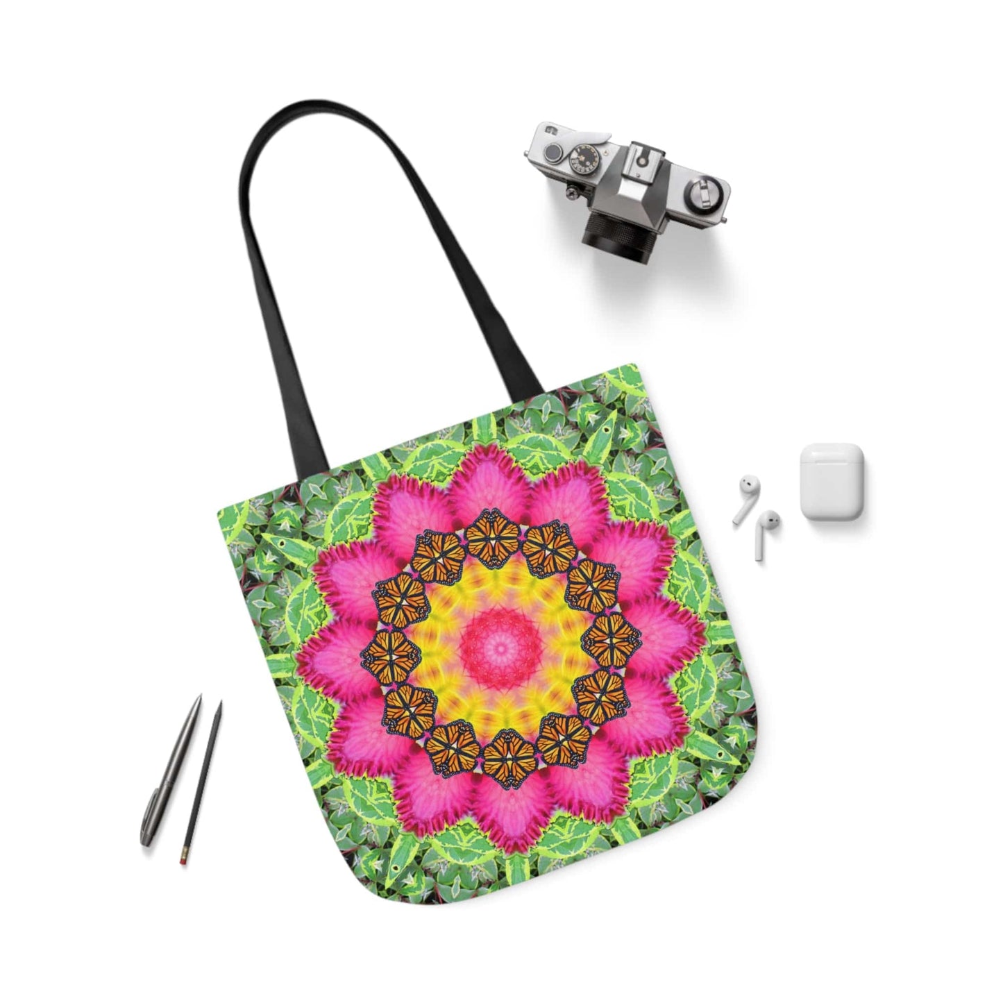 Cute Canvas Tote Bag with Monarch Butterfly and Floral Mandala - Everyday Bag