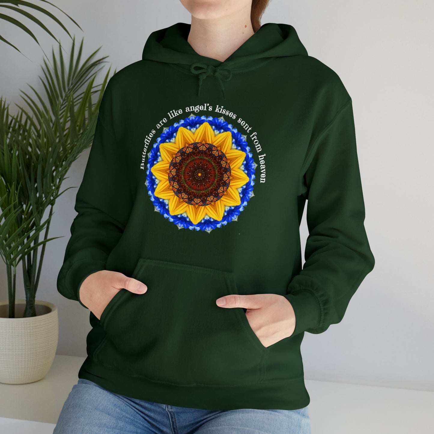 Monarch Butterfly Graphic Love Sweatshirt Hoodie, Mandala, Butterflies Are Like Angel’s Kisses Sent From Heaven forest green