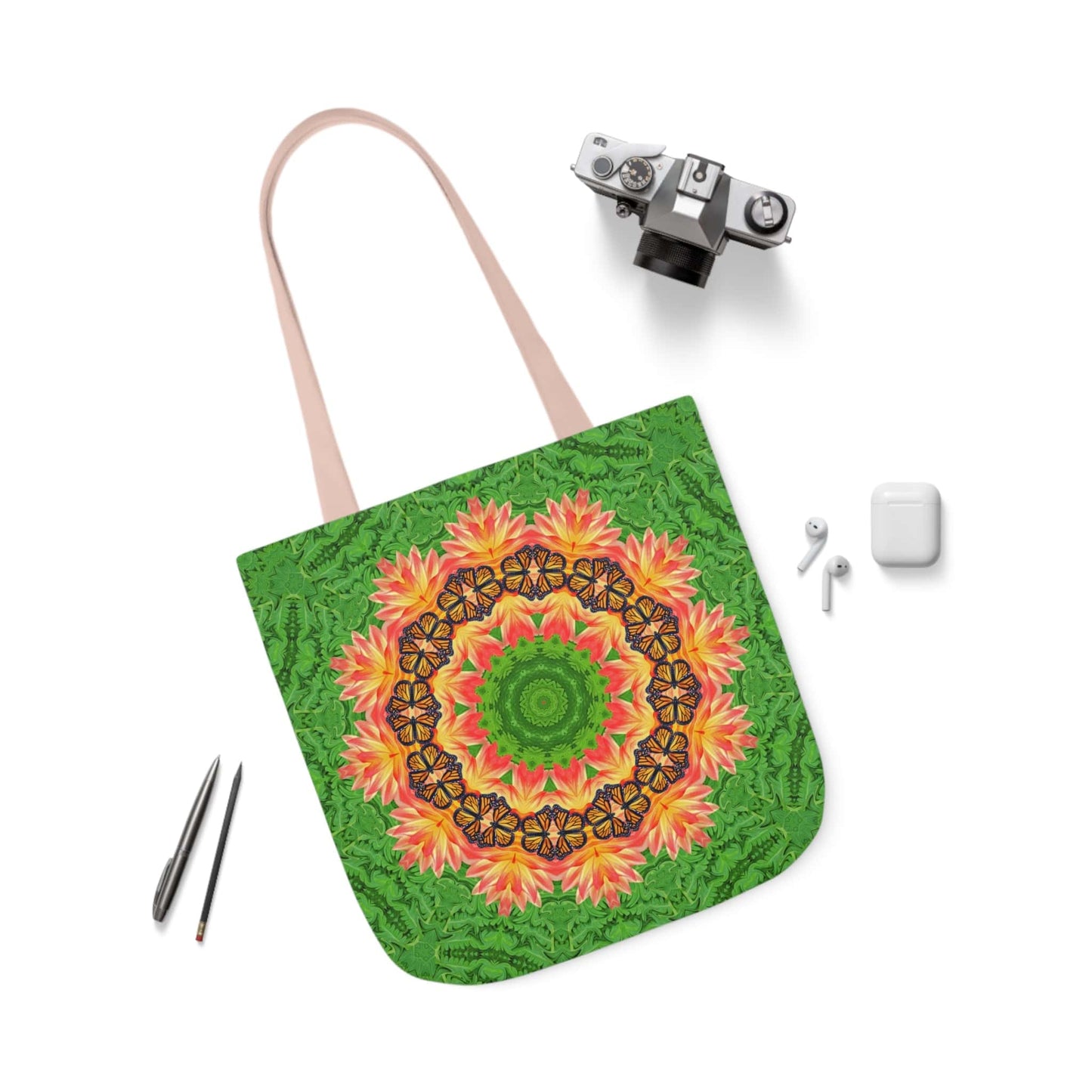 Monarch Butterfly Floral Mandala Tote Bag - Cute and Practical Everyday Accessory pink handle