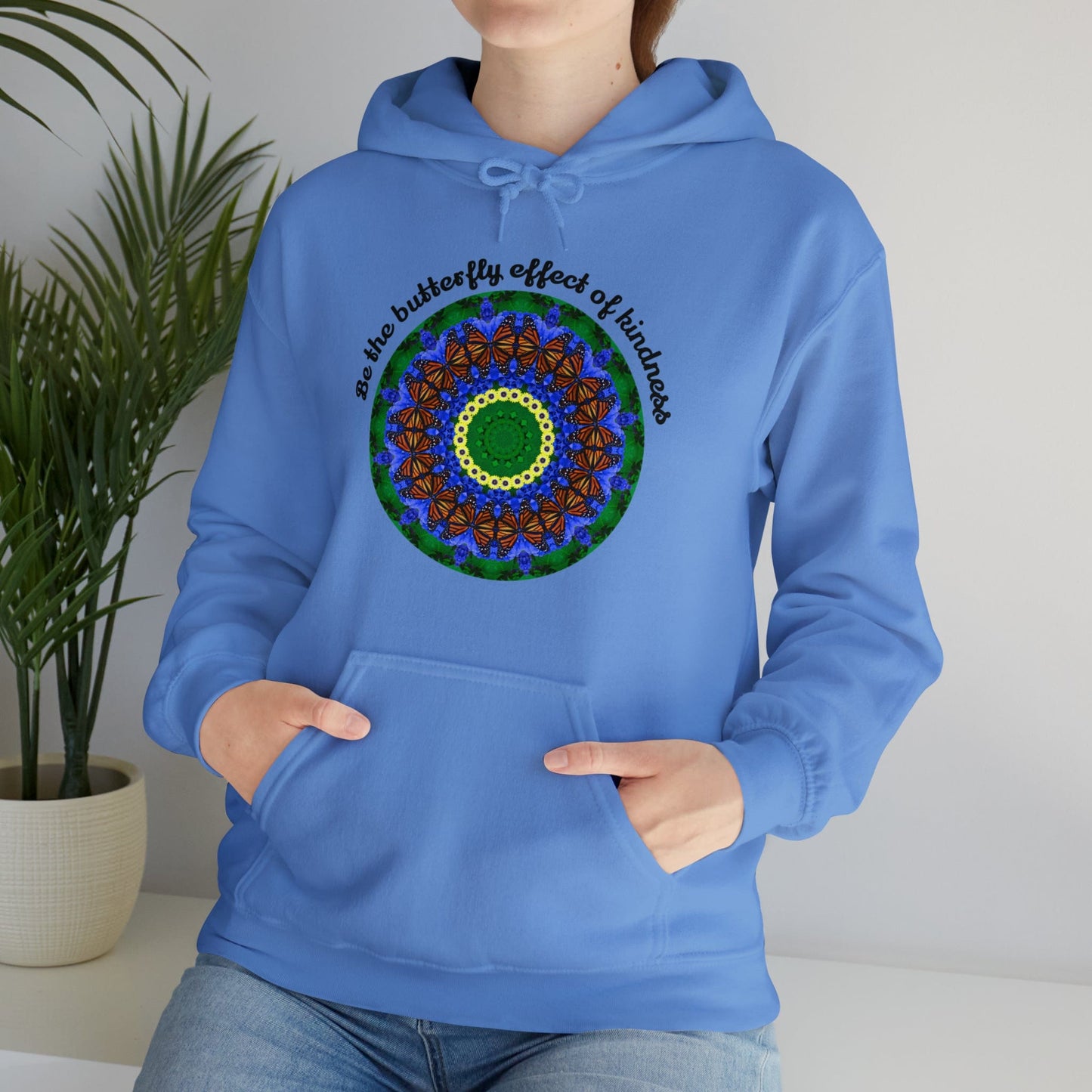 Pretty & Cute Butterfly Kindness Graphic Hoodie Sweatshirt - Monarch Butterfly Mandala Art - Be the butterfly effect of kindness Columbia Blue