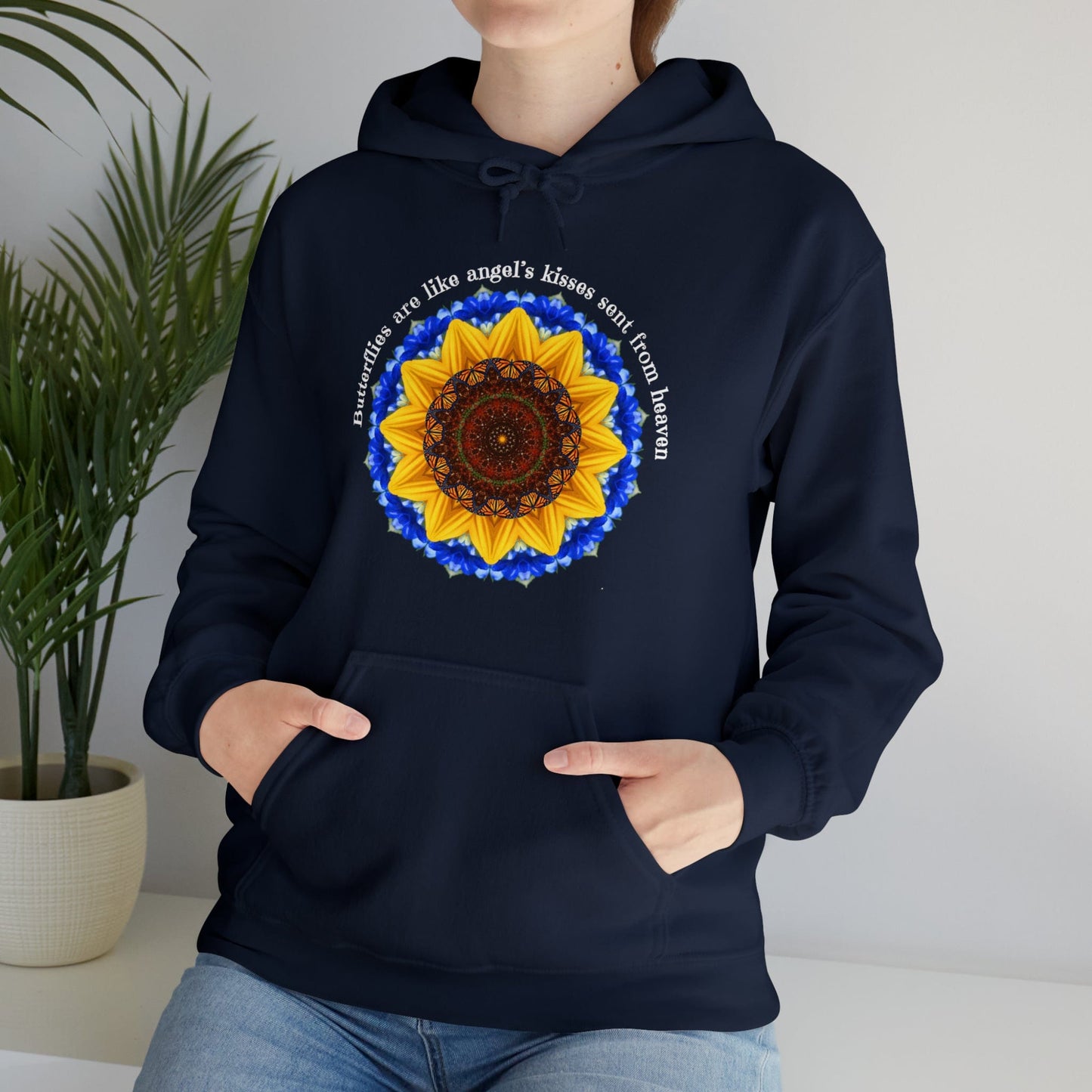 Monarch Butterfly Graphic Love Sweatshirt Hoodie, Mandala, Butterflies Are Like Angel’s Kisses Sent From Heaven Navy blue