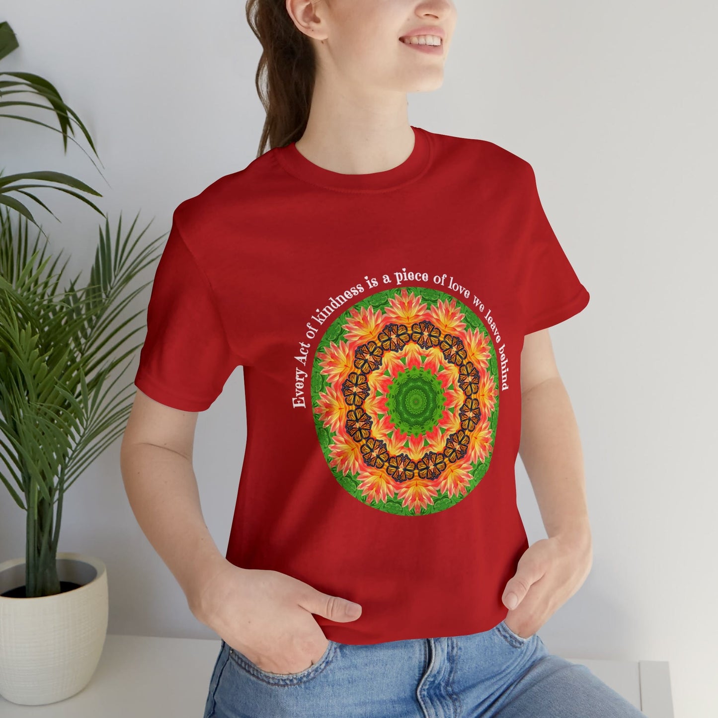 Beautiful Butterfly Mandala Art Graphic Tee Shirt - Cottagecore Clothing A Nature Lovers Delight Ornate Orbit red